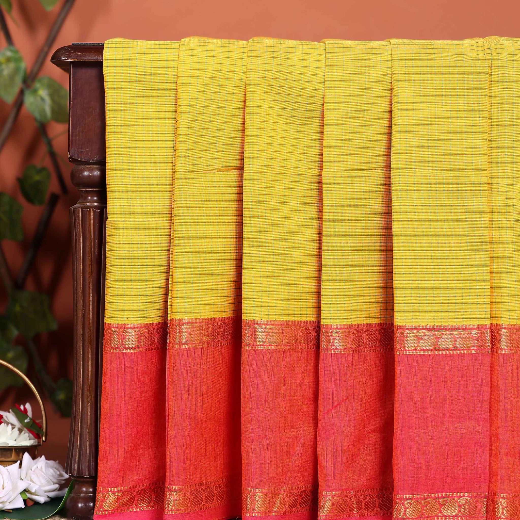 Traditional Chettinad Cotton Saree with Grid Pattern and Contrast Border - Yellow