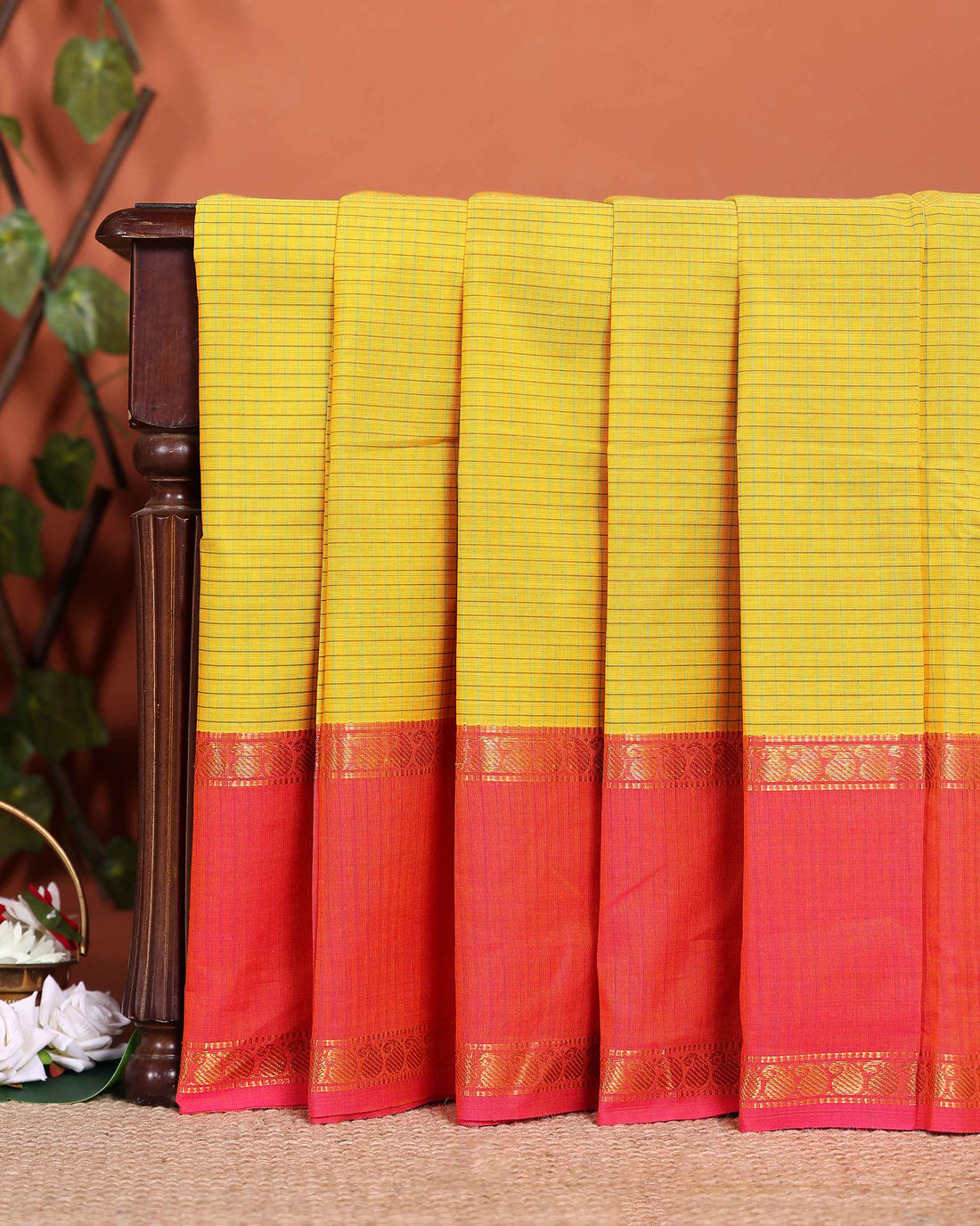 Traditional Chettinad Cotton Saree with Grid Pattern and Contrast Border - Yellow