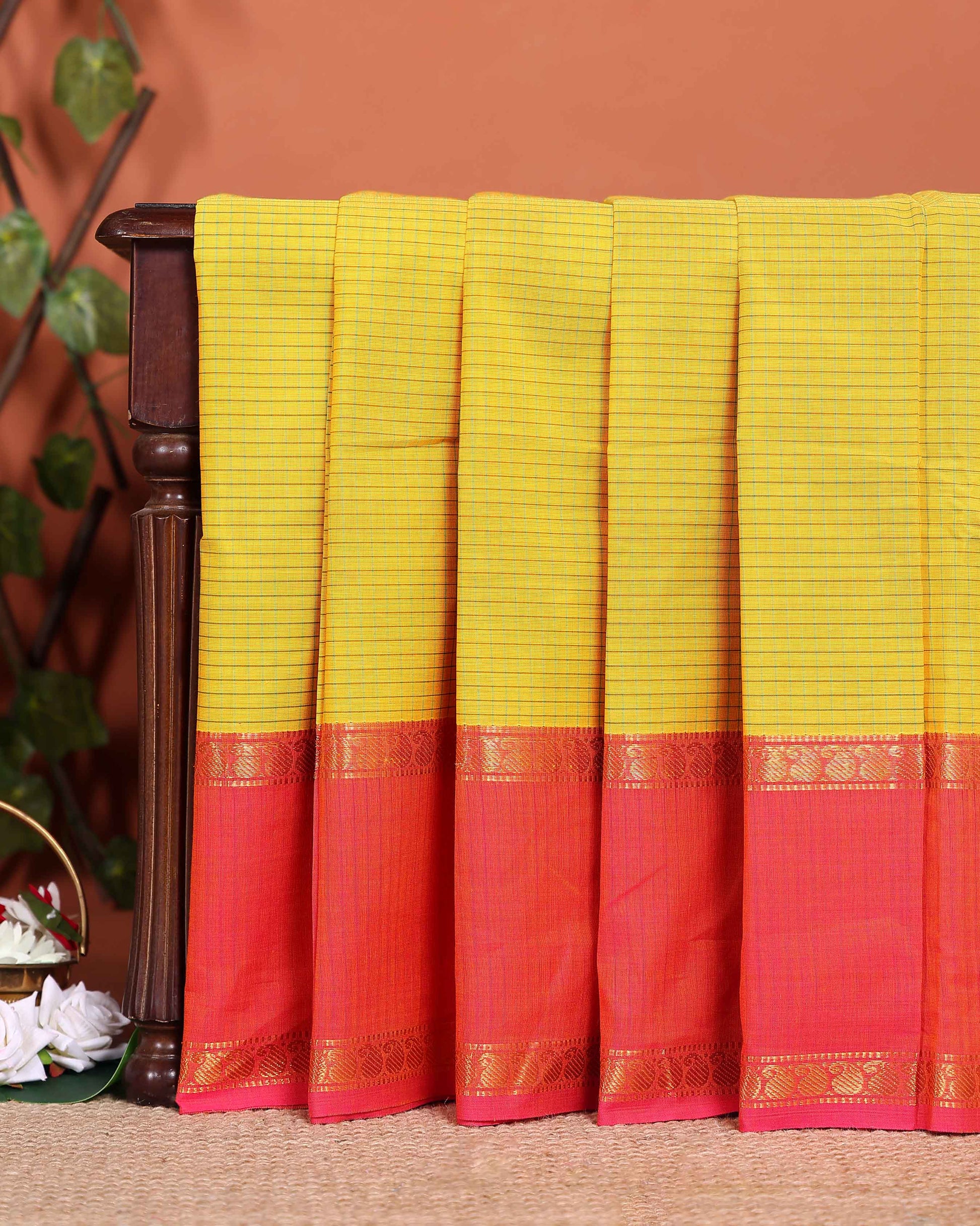 Traditional Chettinad Cotton Saree with Grid Pattern and Contrast Border - Yellow
