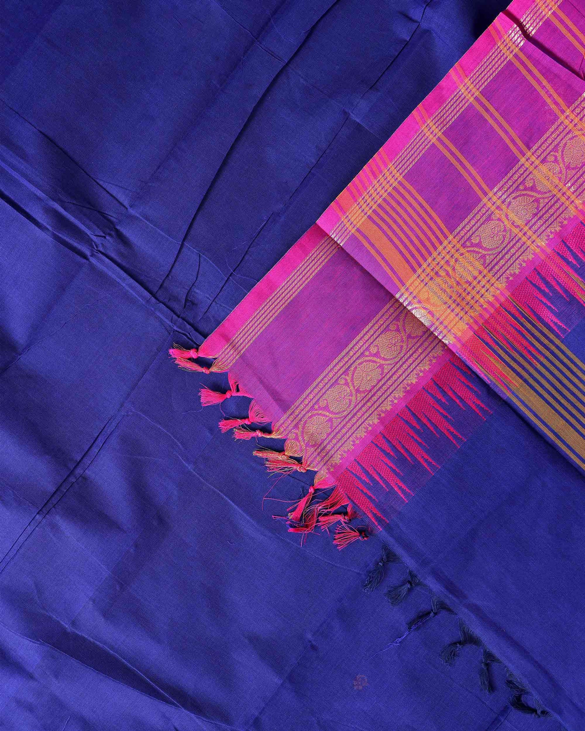 Traditional Chettinad Cotton Saree with Intricate Temple Border Rich Zari Detailing & Traditional Weave - Blue