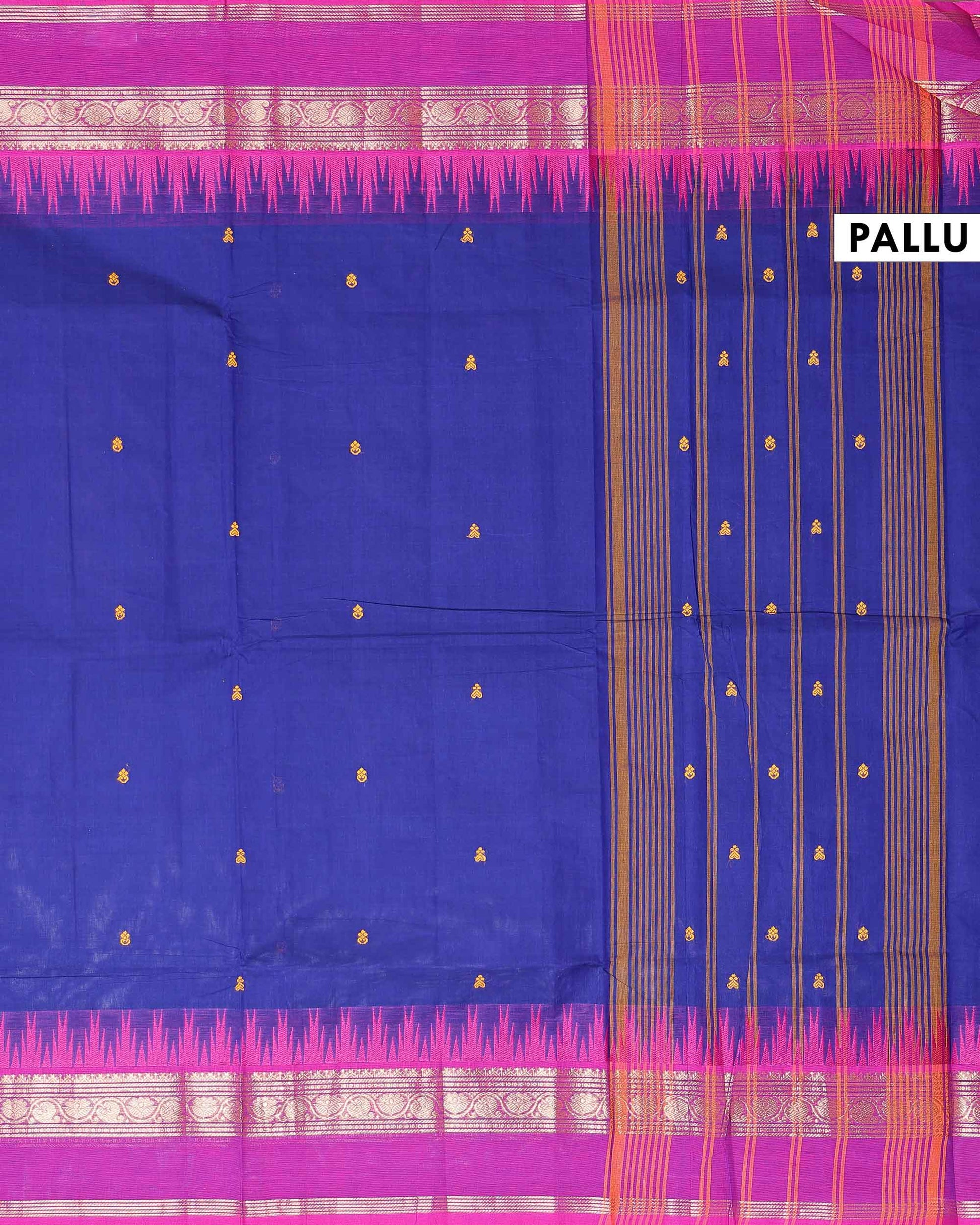 Traditional Chettinad Cotton Saree with Intricate Temple Border Rich Zari Detailing & Traditional Weave - Blue