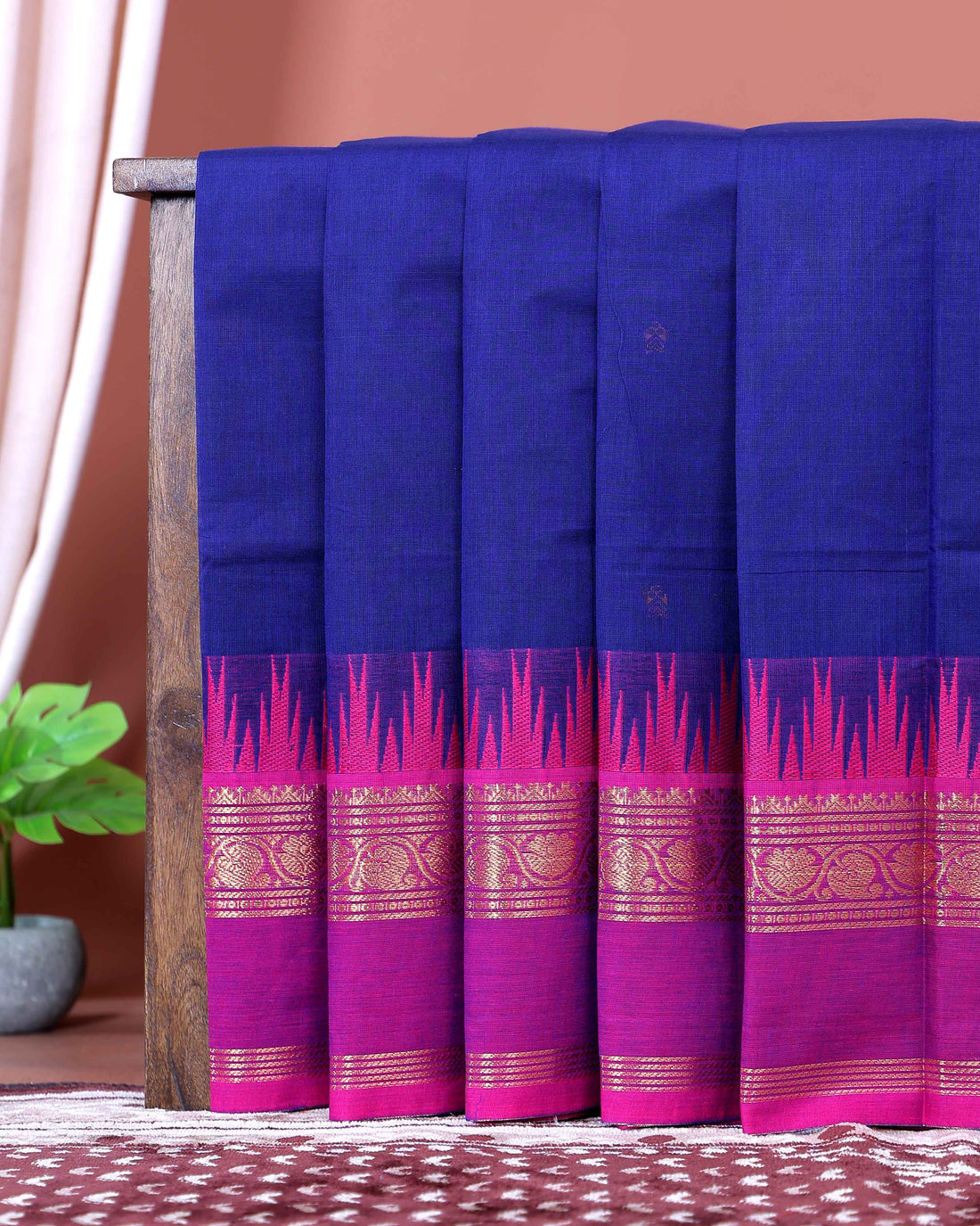 Traditional Chettinad Cotton Saree with Intricate Temple Border Rich Zari Detailing & Traditional Weave - Blue