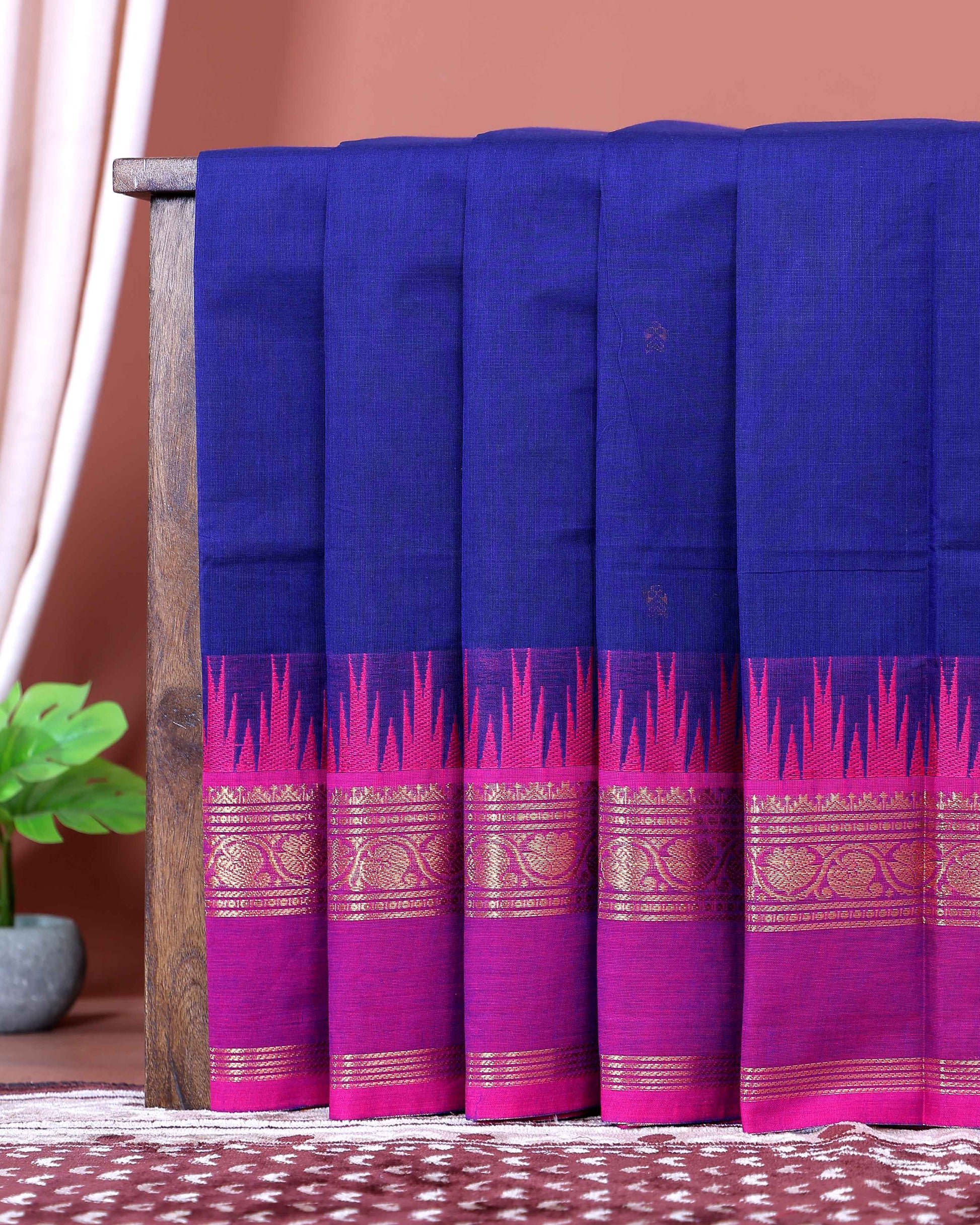 Traditional Chettinad Cotton Saree with Intricate Temple Border Rich Zari Detailing & Traditional Weave - Blue