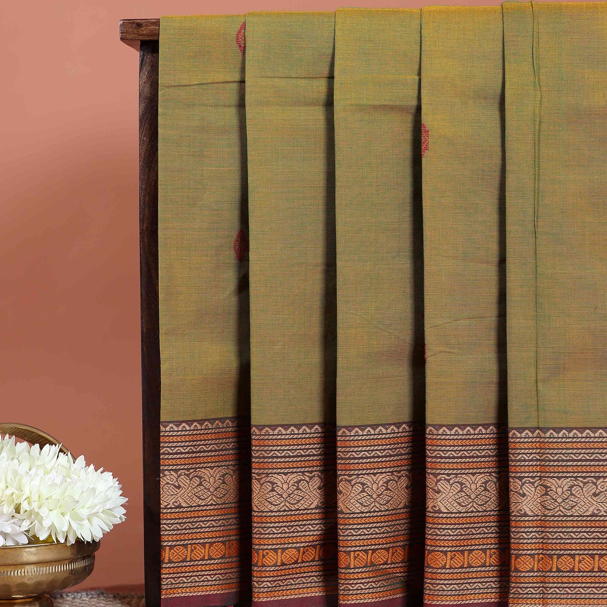 Traditional Chettinad Cotton Saree with Intricate Thread Woven Border and Subtle Body Weave - Green