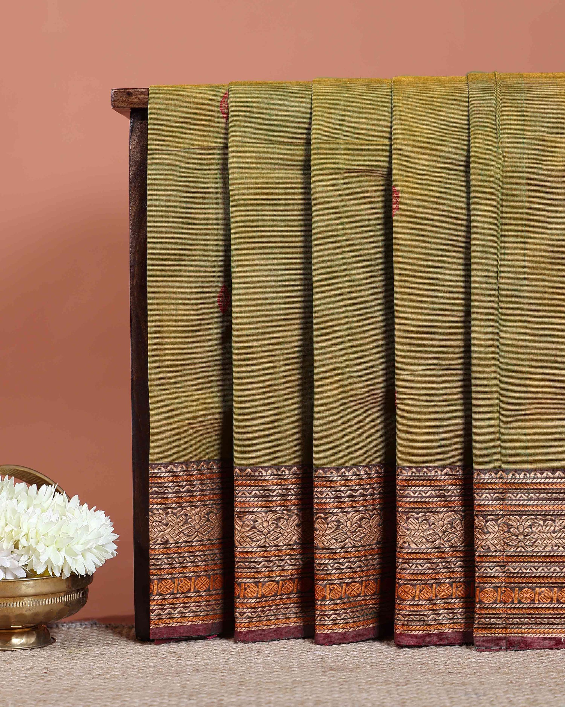 Traditional Chettinad Cotton Saree with Intricate Thread Woven Border and Subtle Body Weave - Green