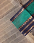 Traditional Chettinad Cotton Saree with Peacock Motif Border - Beige