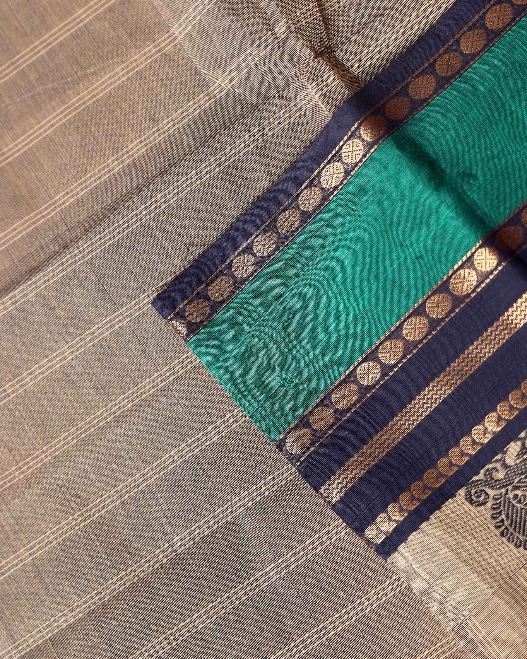 Traditional Chettinad Cotton Saree with Peacock Motif Border - Beige