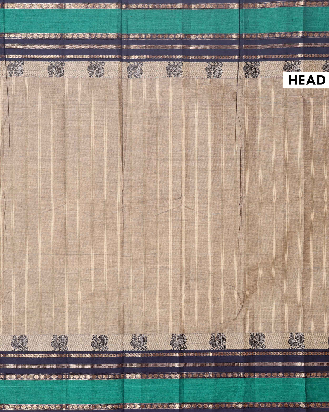 Traditional Chettinad Cotton Saree with Peacock Motif Border - Beige