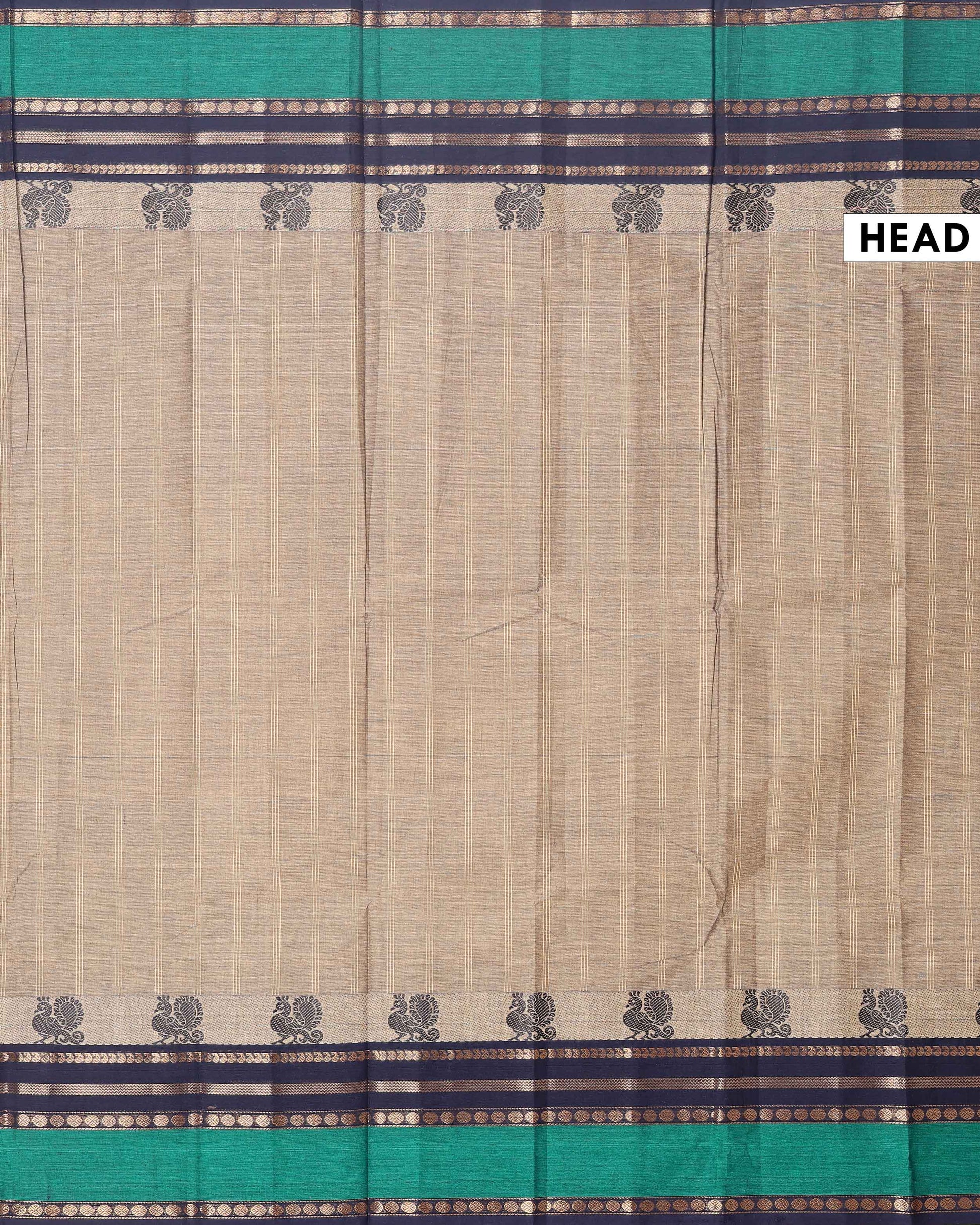 Traditional Chettinad Cotton Saree with Peacock Motif Border - Beige