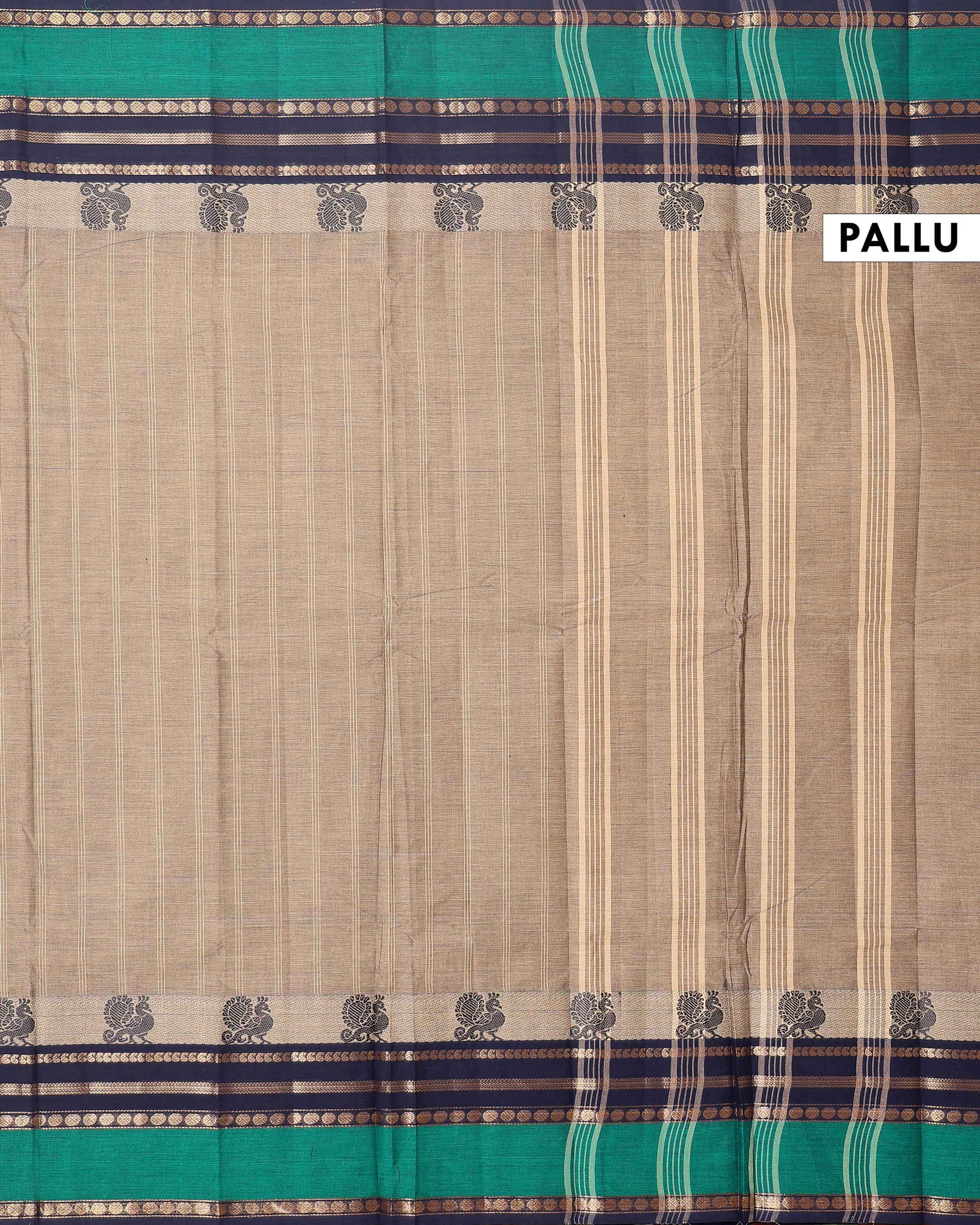 Traditional Chettinad Cotton Saree with Peacock Motif Border - Beige