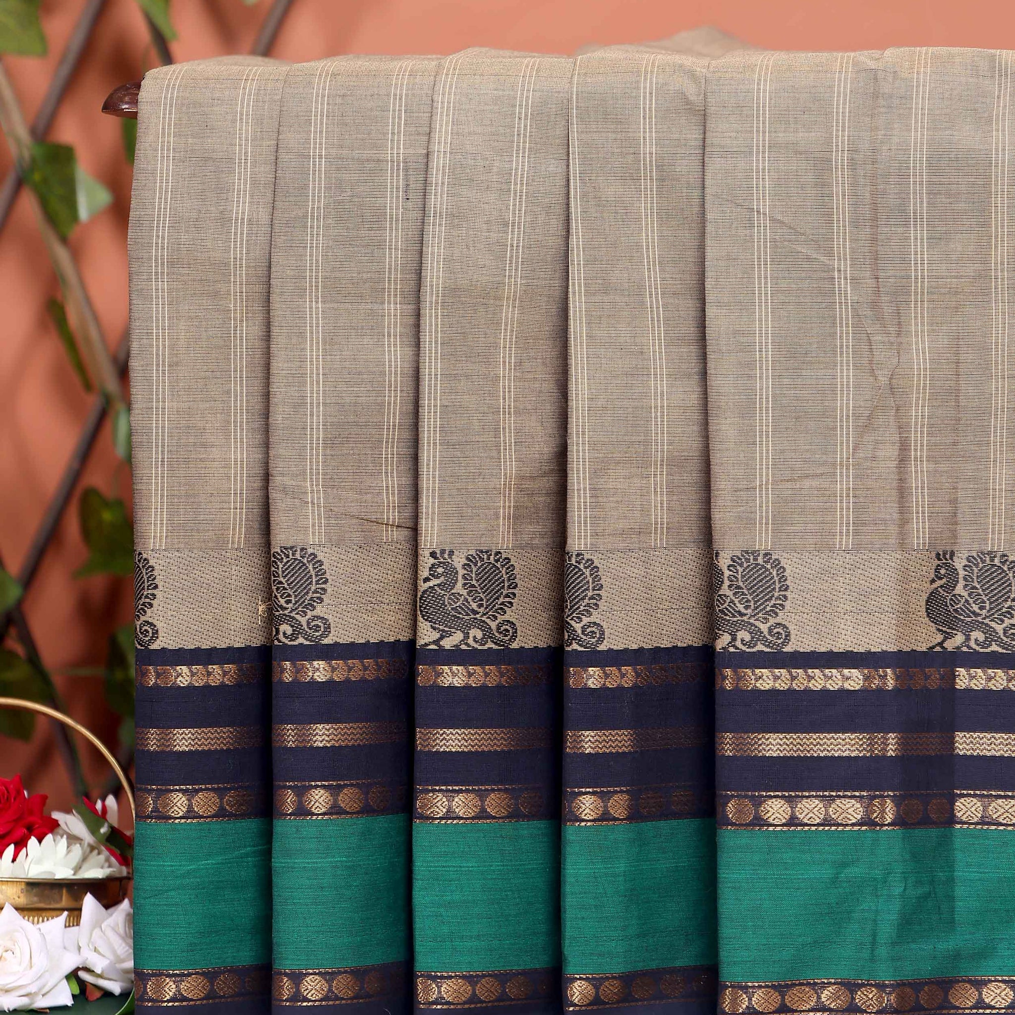 Traditional Chettinad Cotton Saree with Peacock Motif Border - Beige