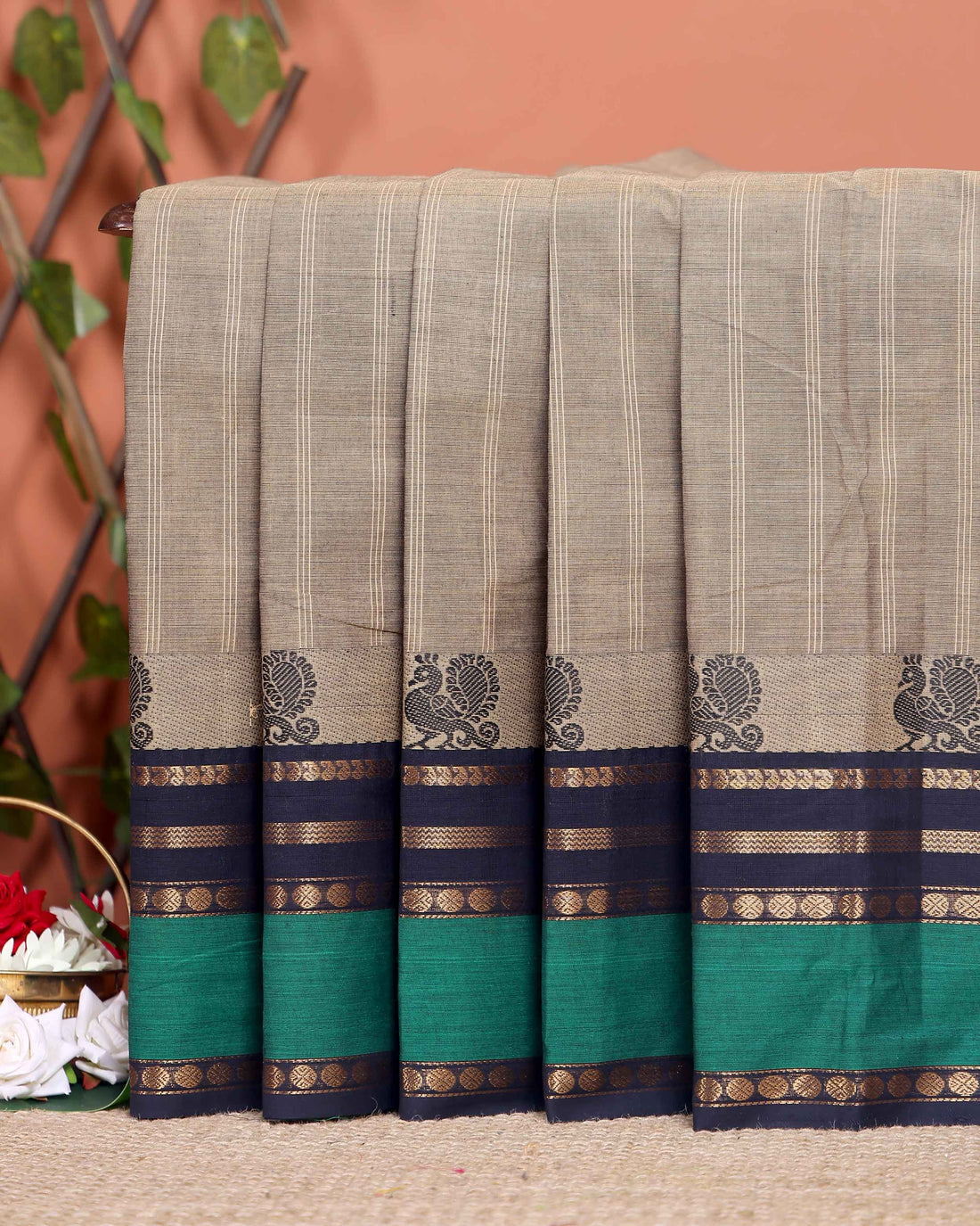 Traditional Chettinad Cotton Saree with Peacock Motif Border - Beige