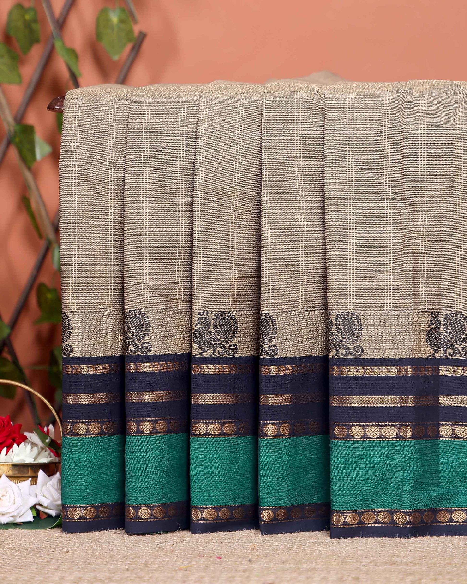 Traditional Chettinad Cotton Saree with Peacock Motif Border - Beige