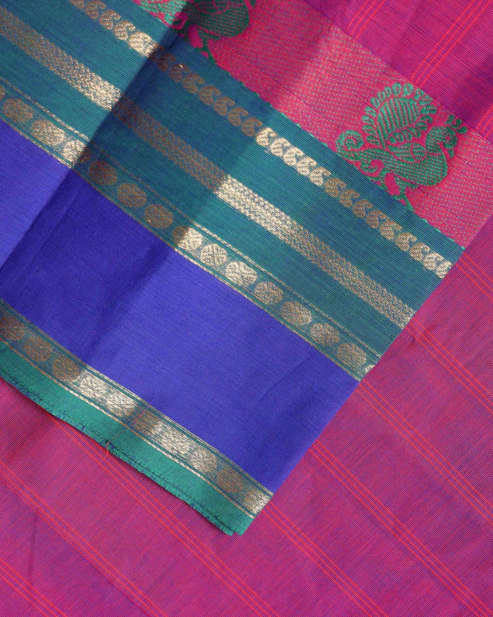 Traditional Chettinad Cotton Saree with Peacock Motif Border - Purple