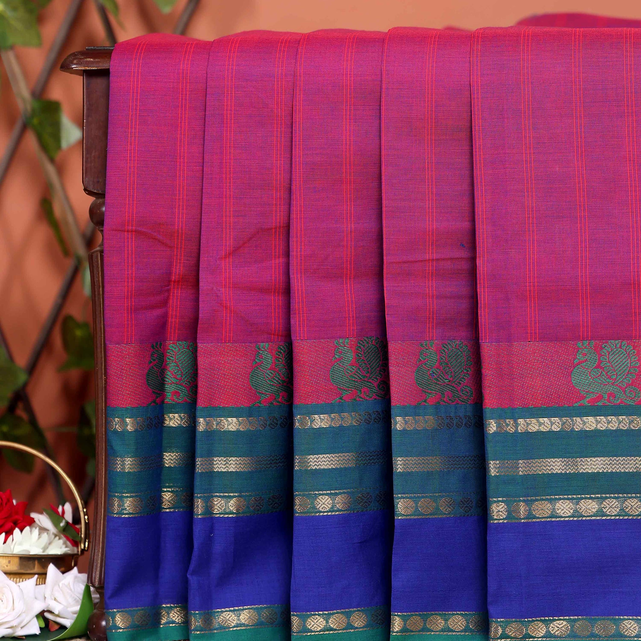Traditional Chettinad Cotton Saree with Peacock Motif Border - Purple