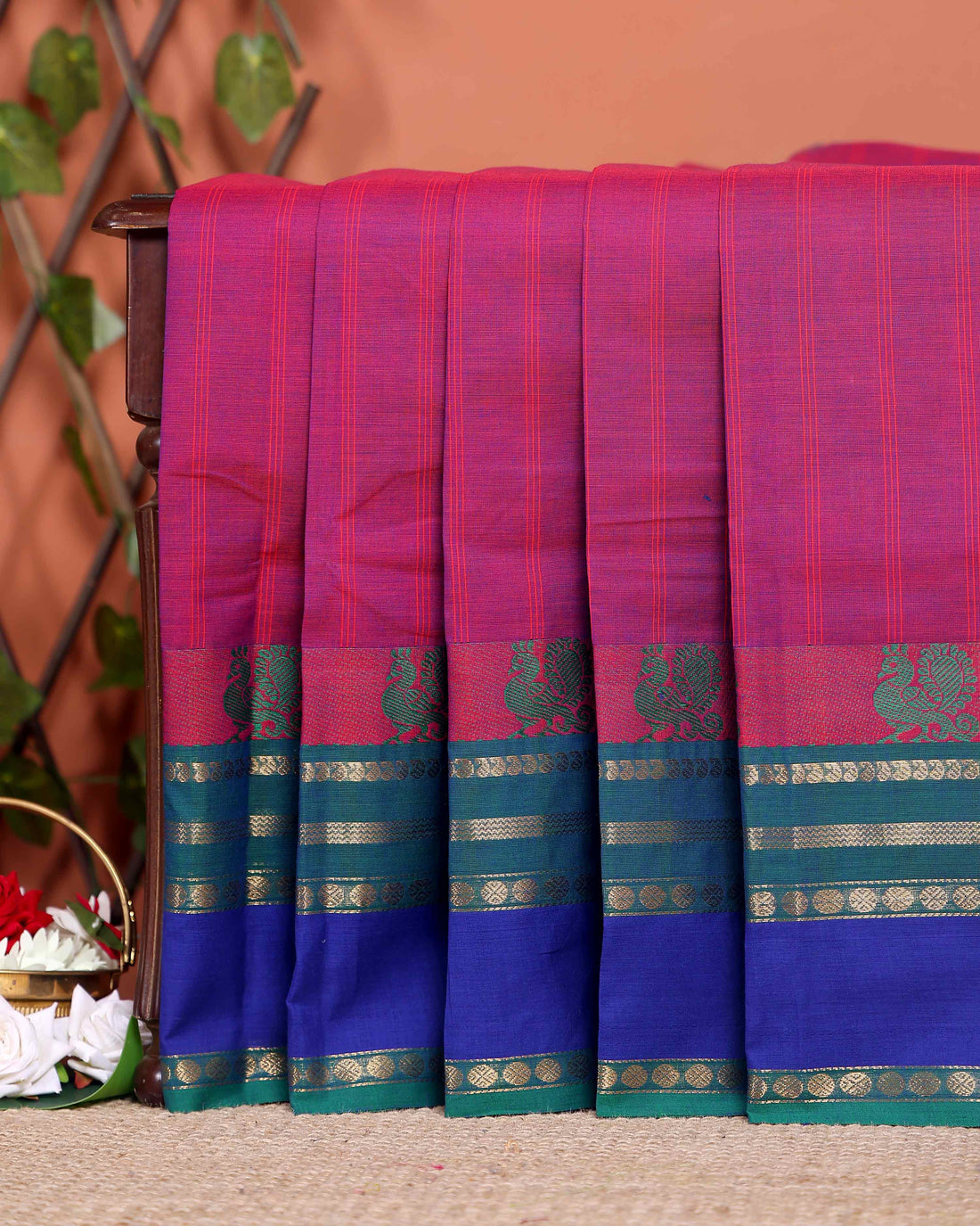 Traditional Chettinad Cotton Saree with Peacock Motif Border - Purple