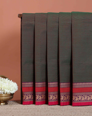 Traditional Chettinad Cotton Saree with Rich Contrast Zari Woven Border and Classic Body Weave - Green