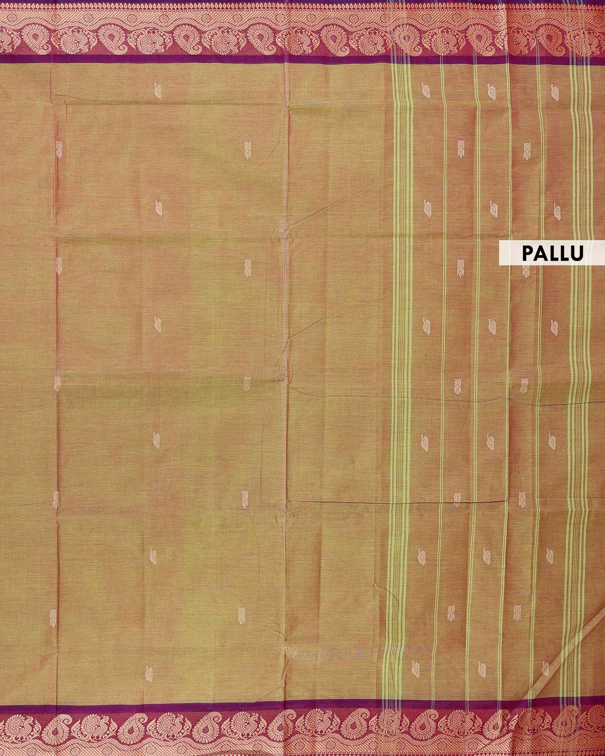 Traditional Chettinad Cotton Saree with Rich Paisley Zari Woven Border and Subtle Handloom Weave - Olive Green