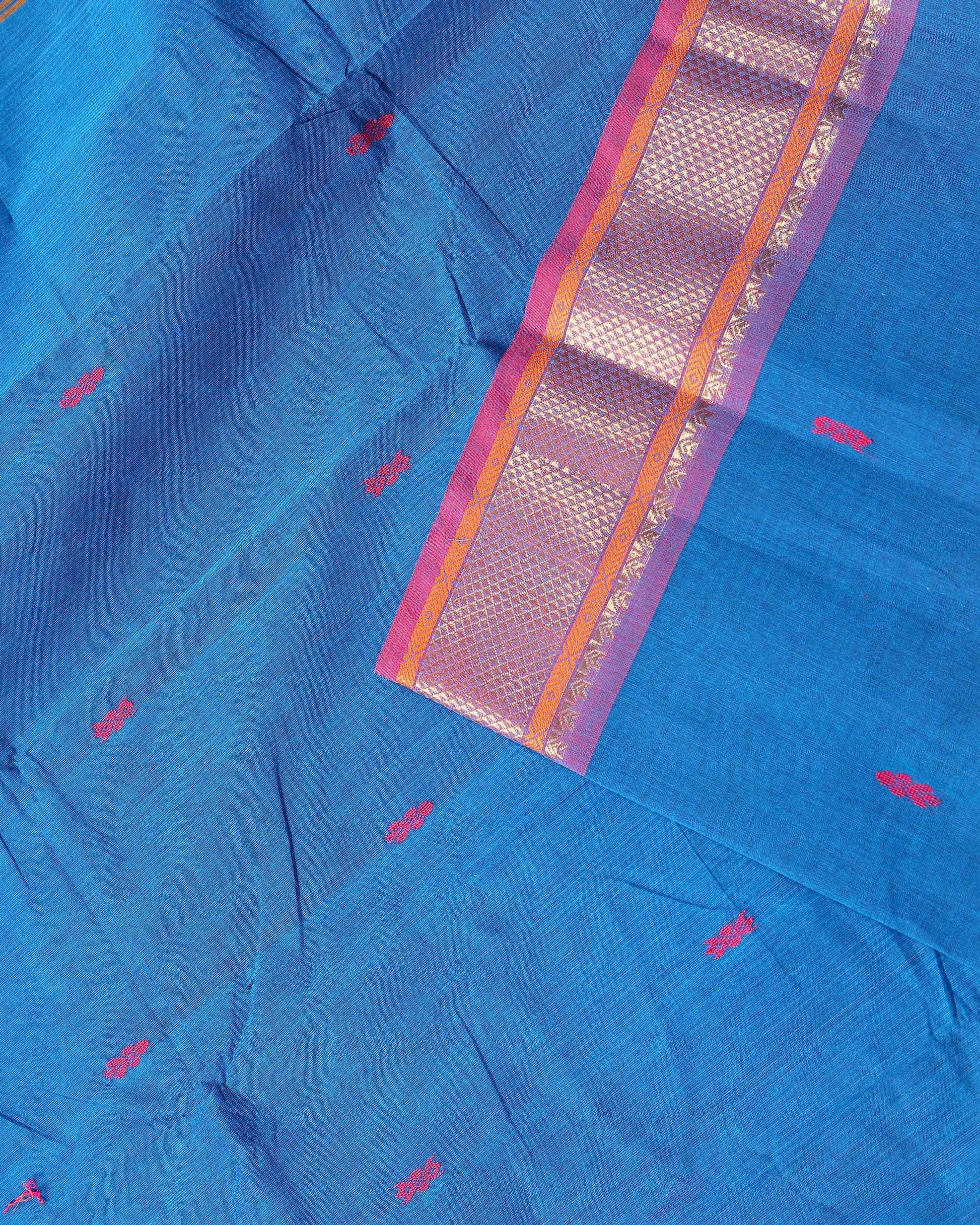 Traditional Chettinad Cotton Saree with Rich Zari Border and Fine Handloom Weave - Blue-head