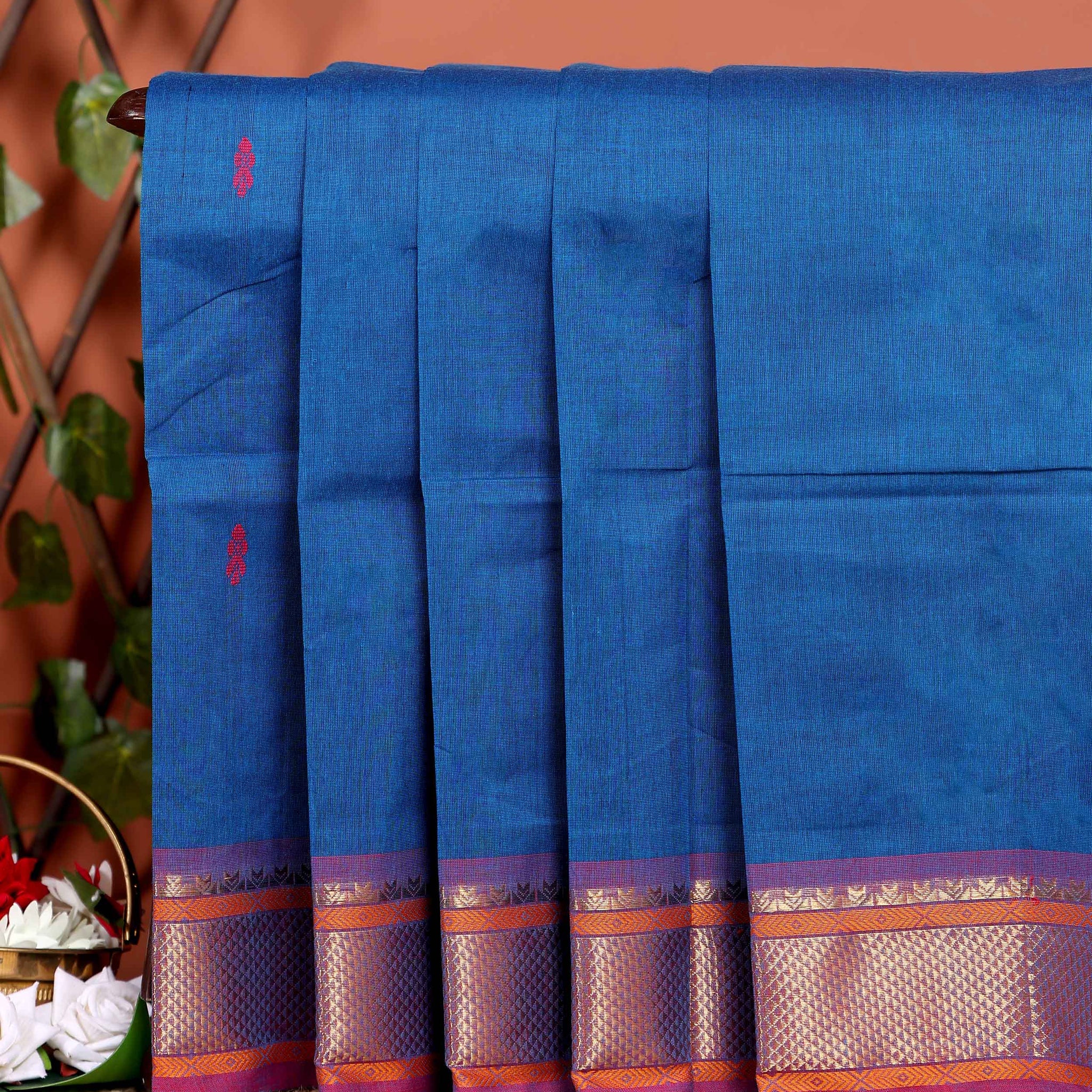 Traditional Chettinad Cotton Saree with Rich Zari Border and Fine Handloom Weave - Blue