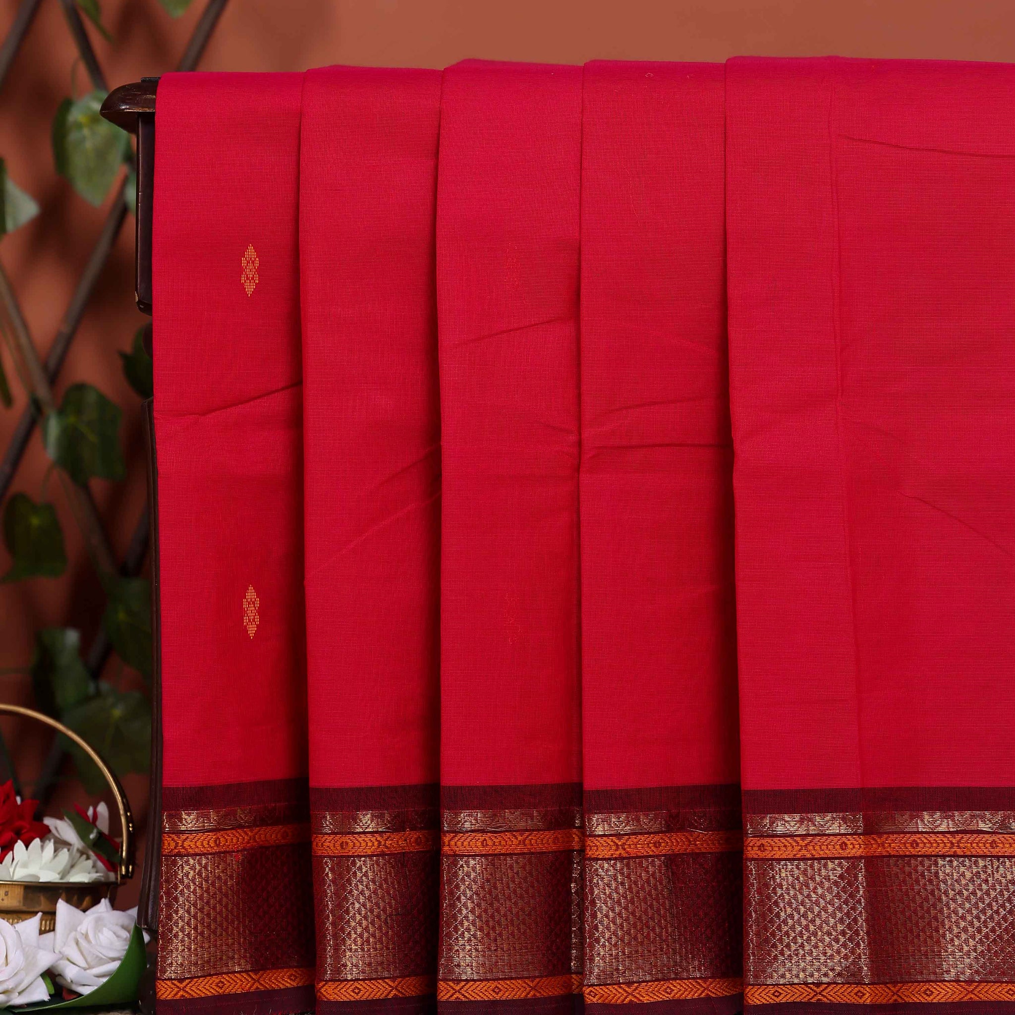 Traditional Chettinad Cotton Saree with Rich Zari Border and Fine Handloom Weave - Dark Pink