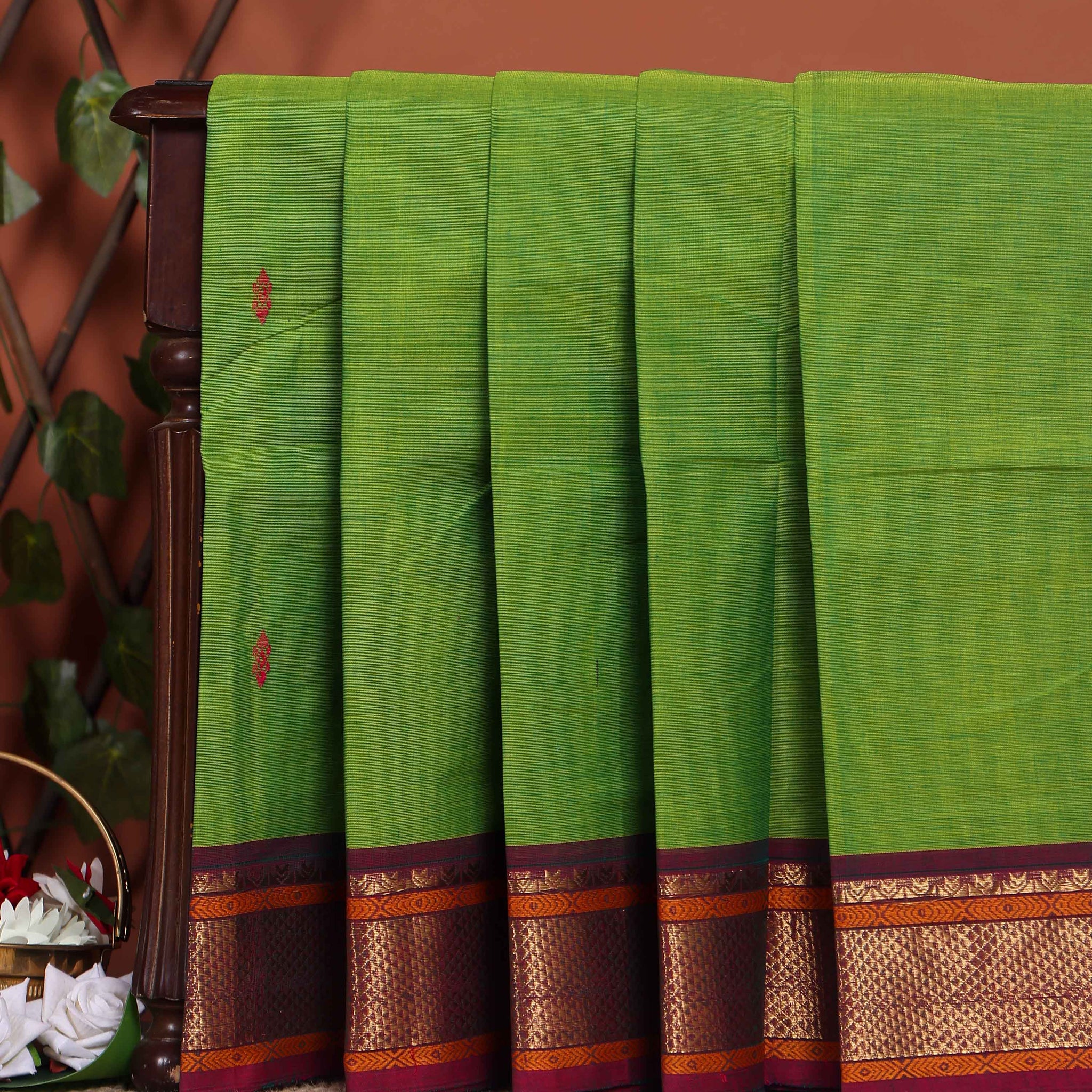 Traditional Chettinad Cotton Saree with Rich Zari Border and Fine Handloom Weave - Green