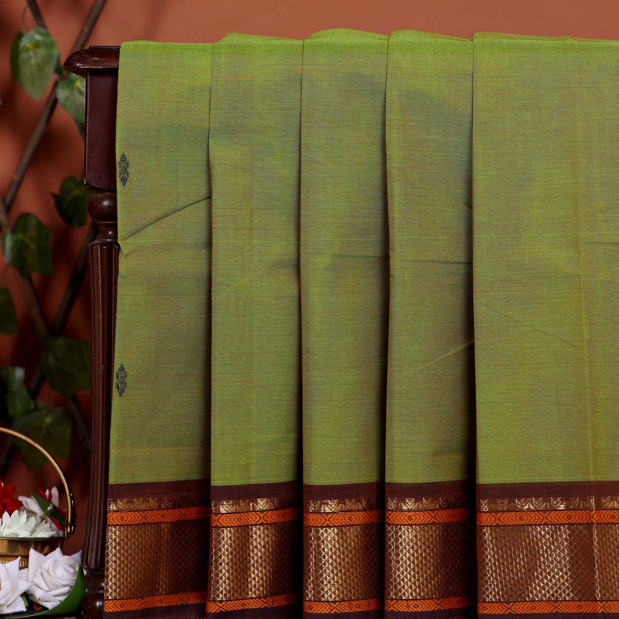 Traditional Chettinad Cotton Saree with Rich Zari Border and Fine Handloom Weave - Light Green