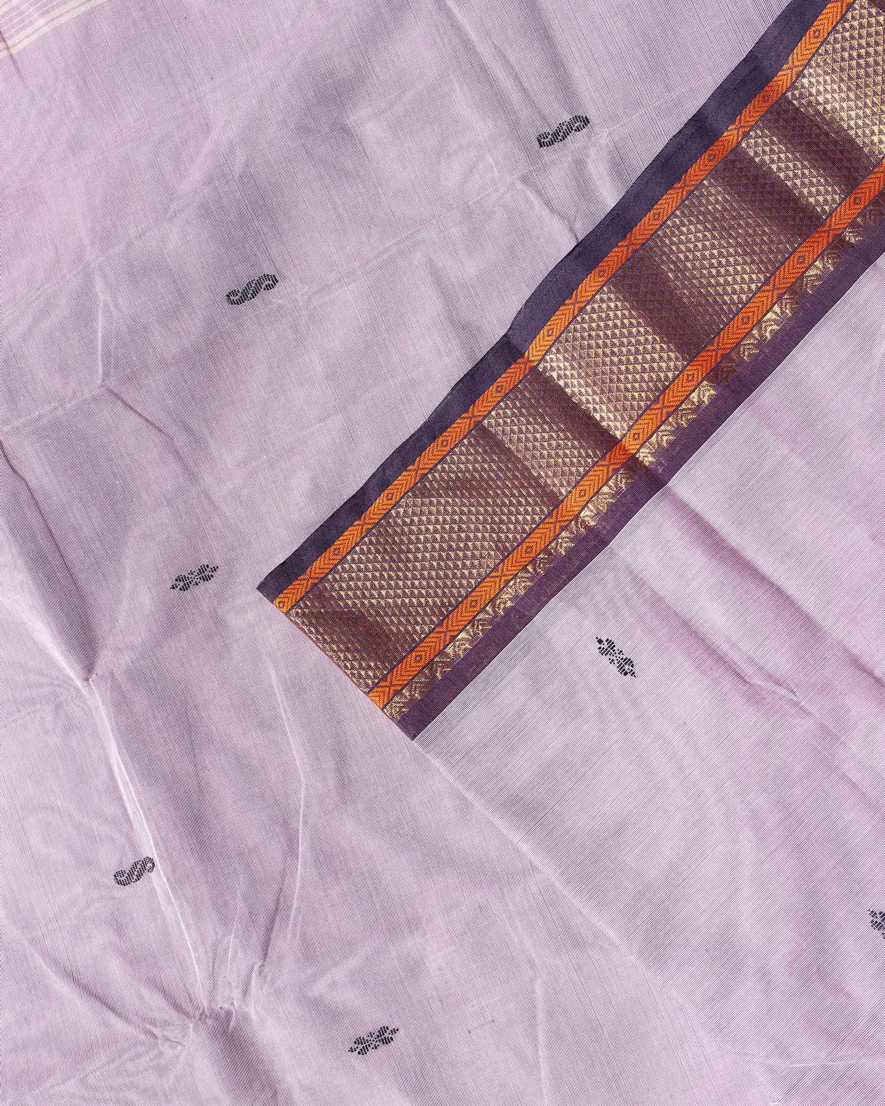 Traditional Chettinad Cotton Saree with Rich Zari Border and Fine Handloom Weave - Light  Lavender