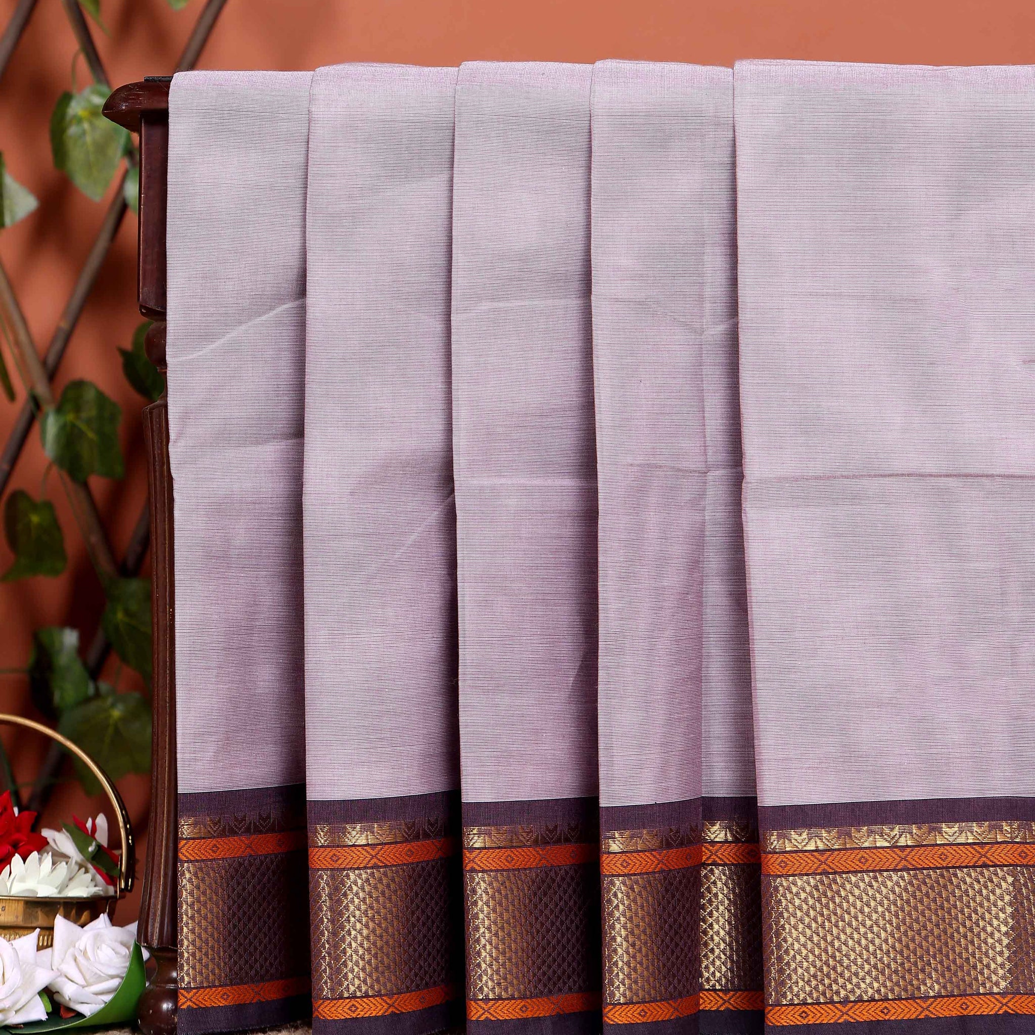 Traditional Chettinad Cotton Saree with Rich Zari Border and Fine Handloom Weave - Light  Lavender