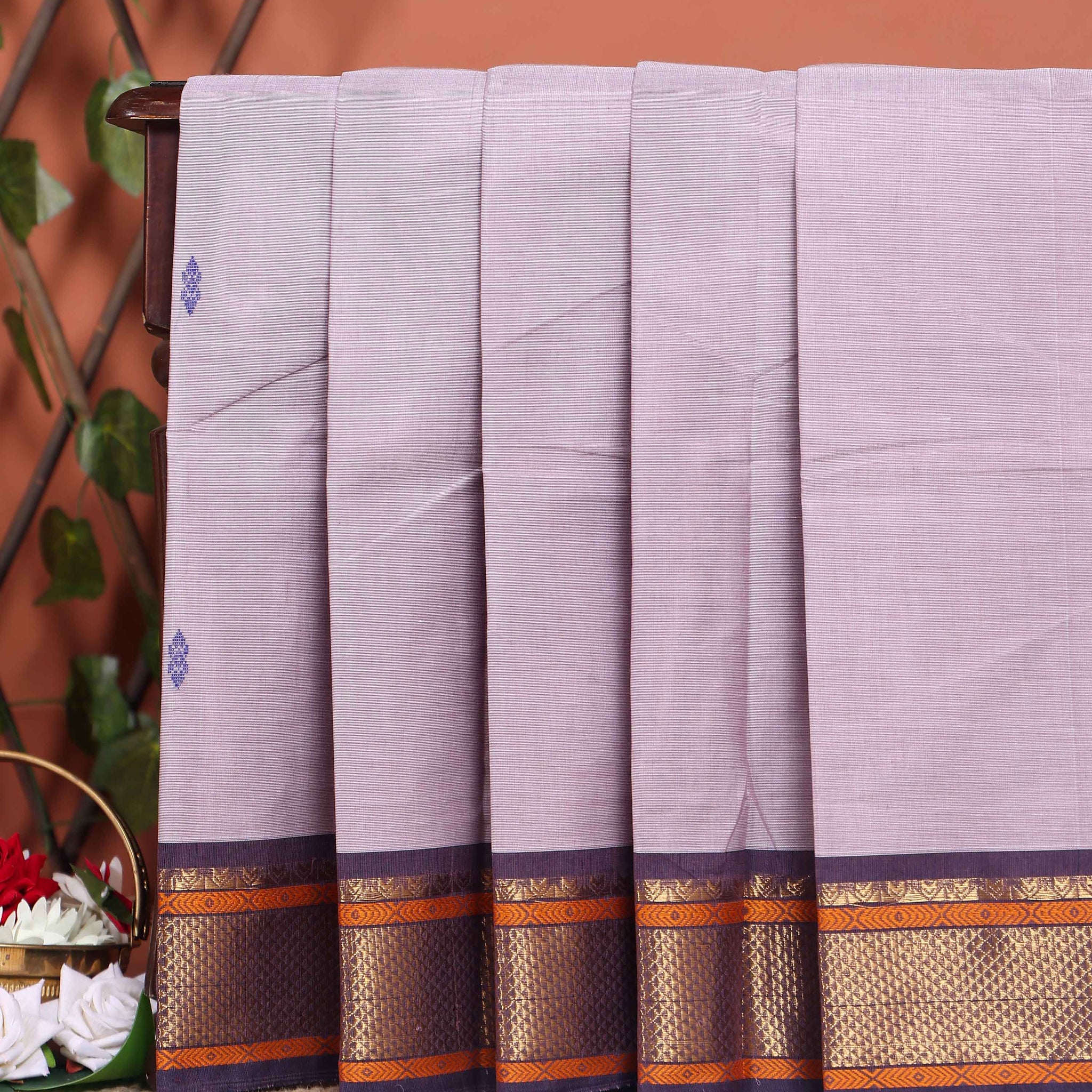 Traditional Chettinad Cotton Saree with Rich Zari Border and Fine Handloom Weave - Light  Purple