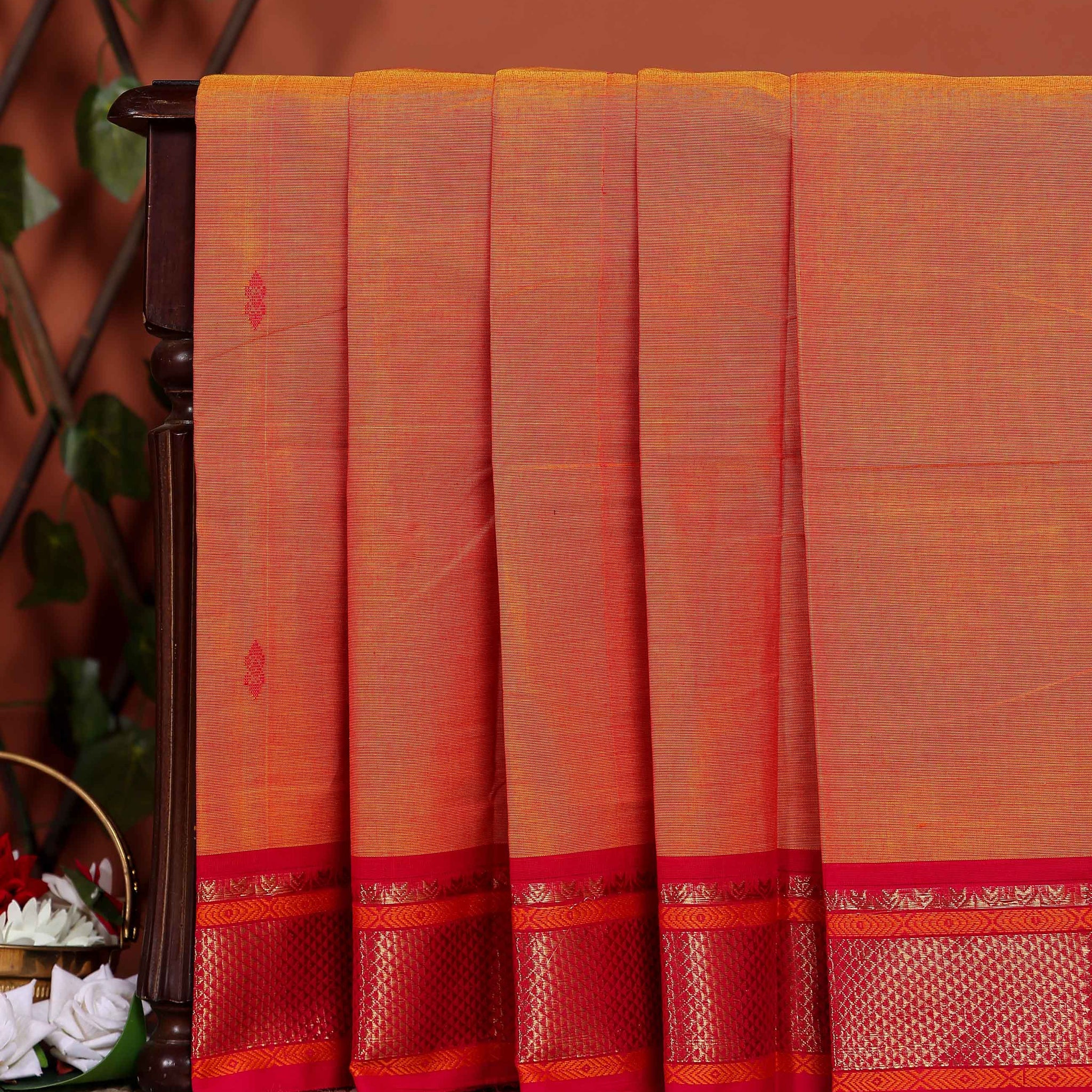 Traditional Chettinad Cotton Saree with Rich Zari Border and Fine Handloom Weave - Orange