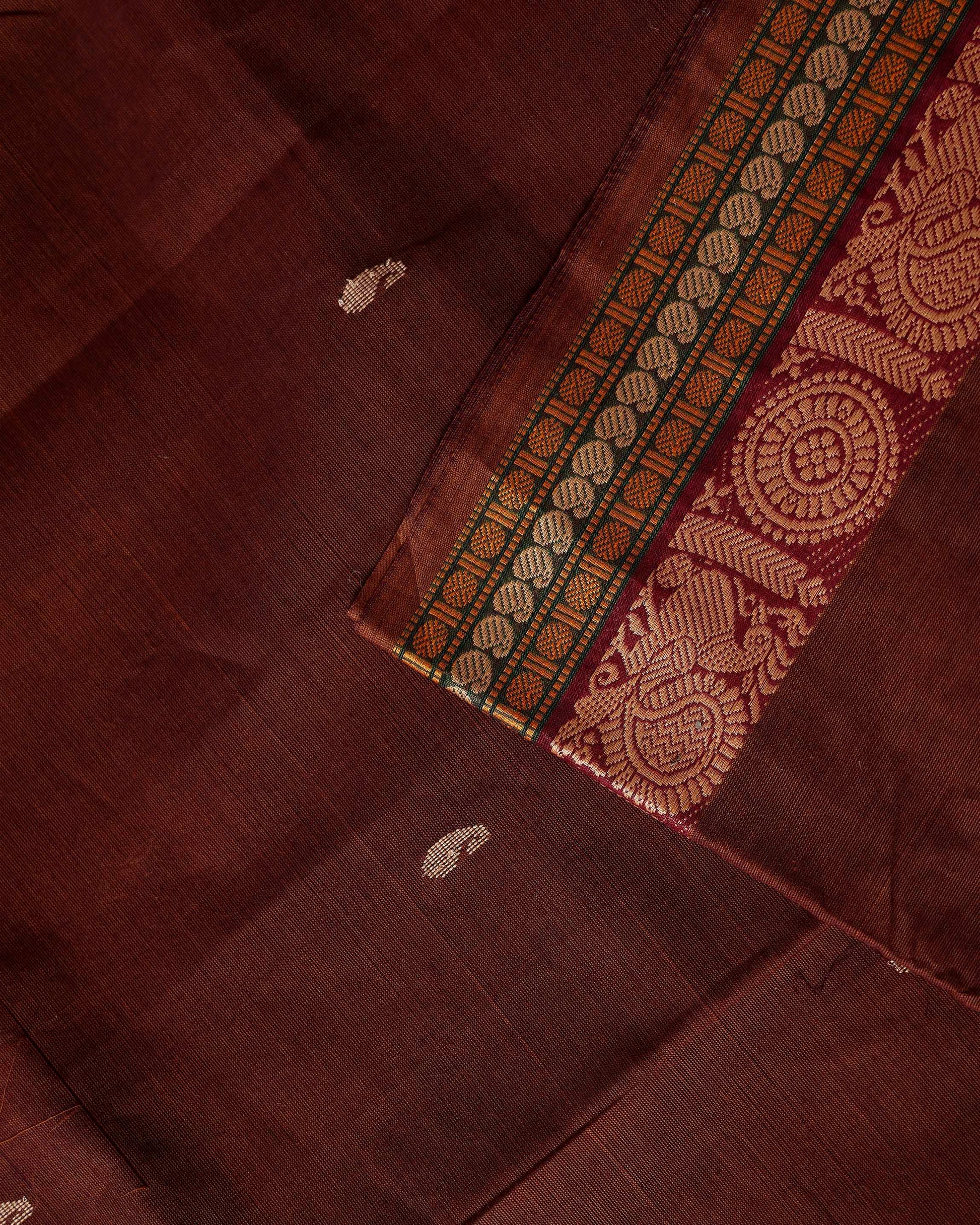 Traditional Chettinad Cotton Saree with Rich Zari Woven Border and Classic Handloom Finish - Dark Brown