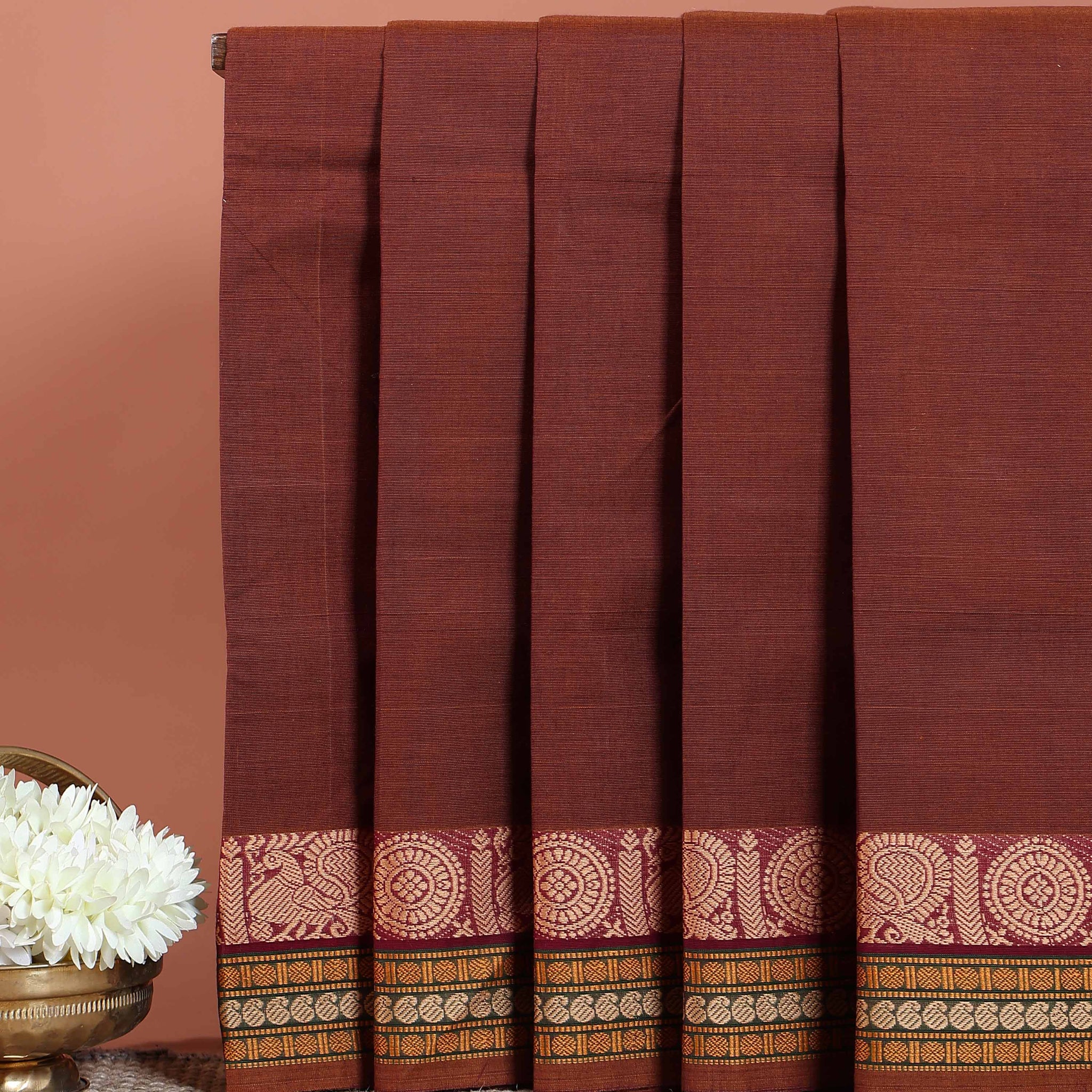 Traditional Chettinad Cotton Saree with Rich Zari Woven Border and Classic Handloom Finish - Dark Brown