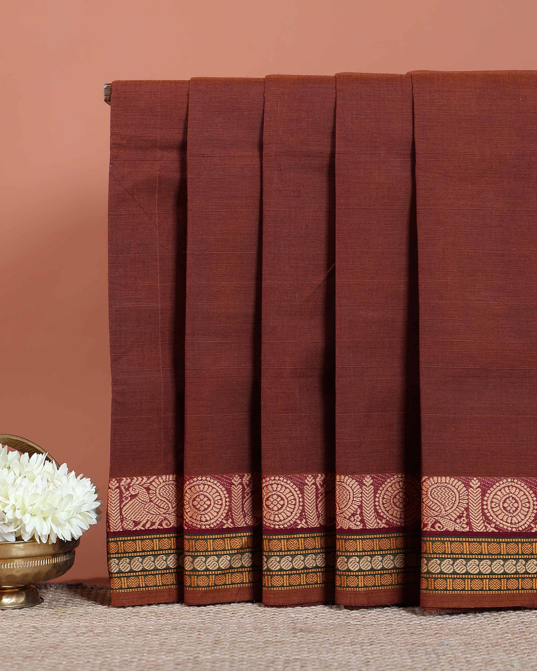 Traditional Chettinad Cotton Saree with Rich Zari Woven Border and Classic Handloom Finish - Dark Brown