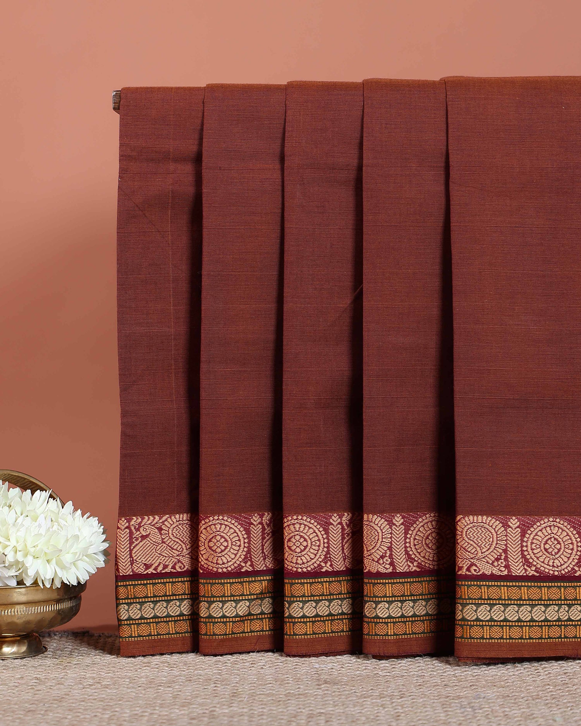 Traditional Chettinad Cotton Saree with Rich Zari Woven Border and Classic Handloom Finish - Dark Brown