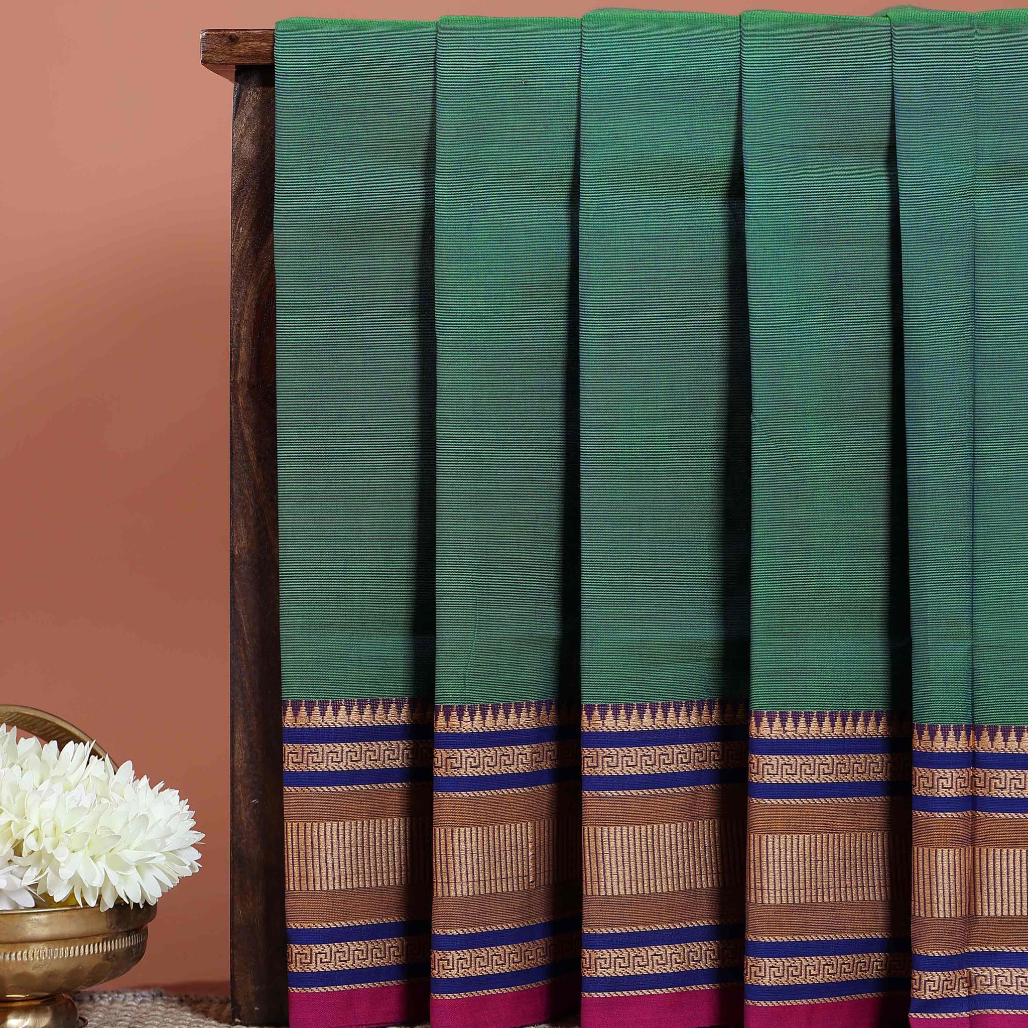 Traditional Chettinad Cotton Saree with Rich Zari Woven Temple Border and Classic Handloom Body - Green