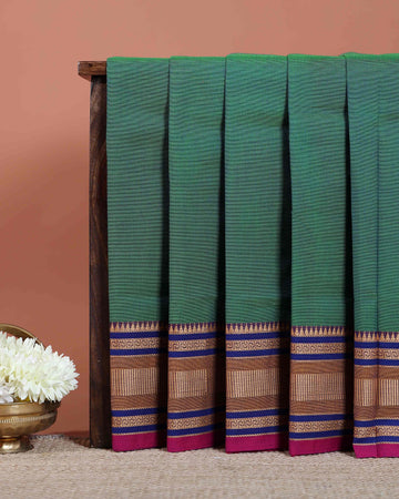 Traditional Chettinad Cotton Saree with Rich Zari Woven Temple Border and Classic Handloom Body - Green