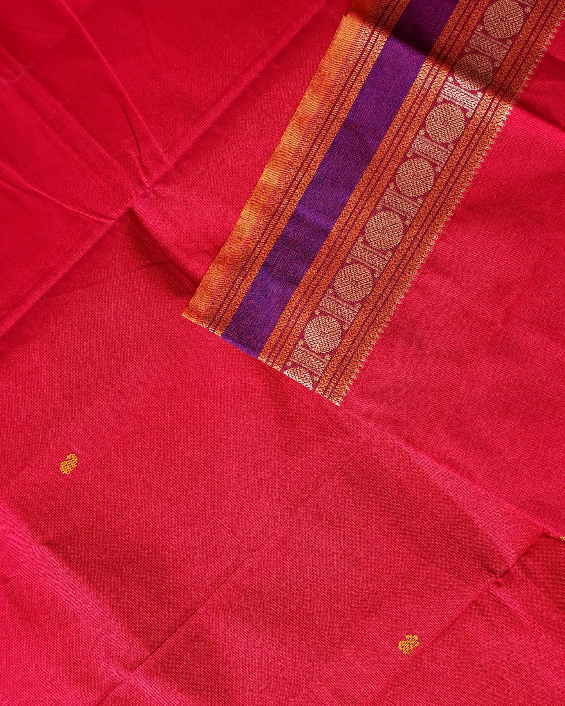 Traditional Chettinad Cotton Saree with Small Butta Motifs and Contrast Zari Woven Border - Red