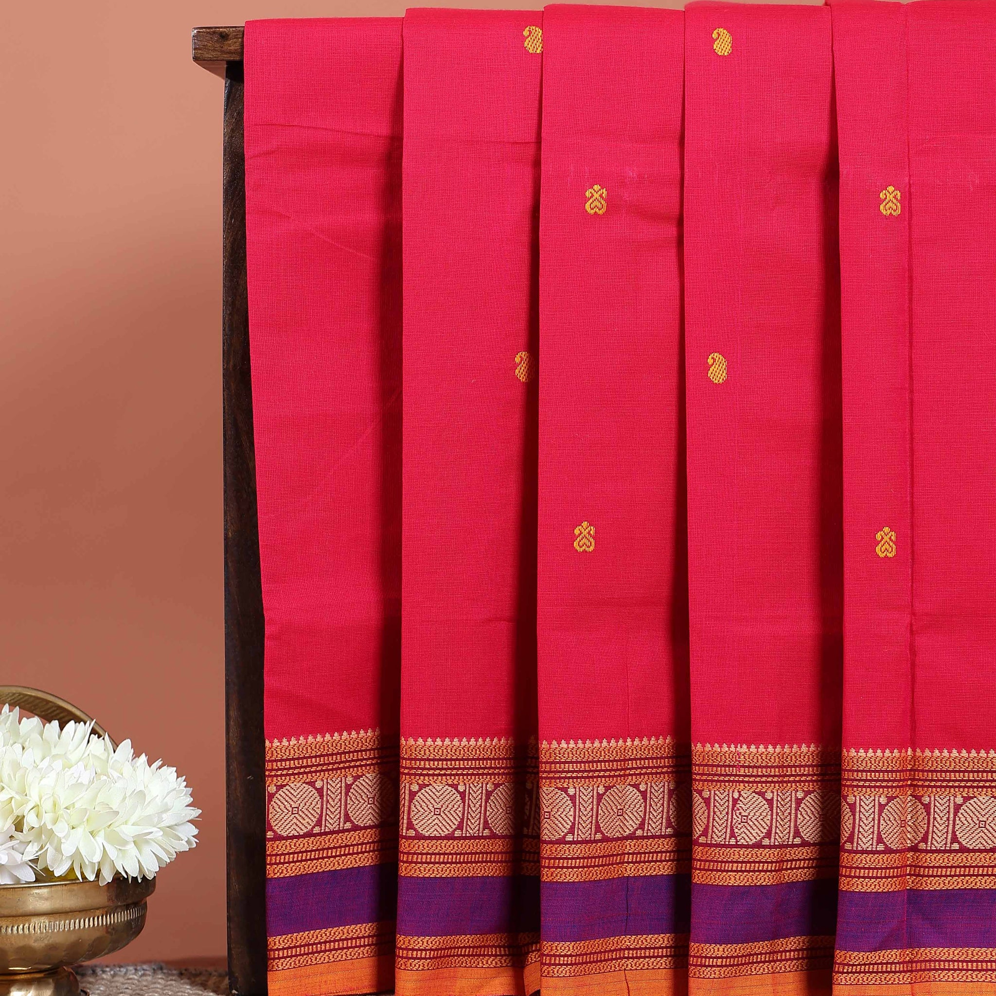 Traditional Chettinad Cotton Saree with Small Butta Motifs and Contrast Zari Woven Border - Red