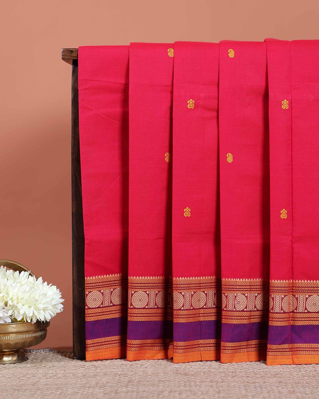 Traditional Chettinad Cotton Saree with Small Butta Motifs and Contrast Zari Woven Border - Red