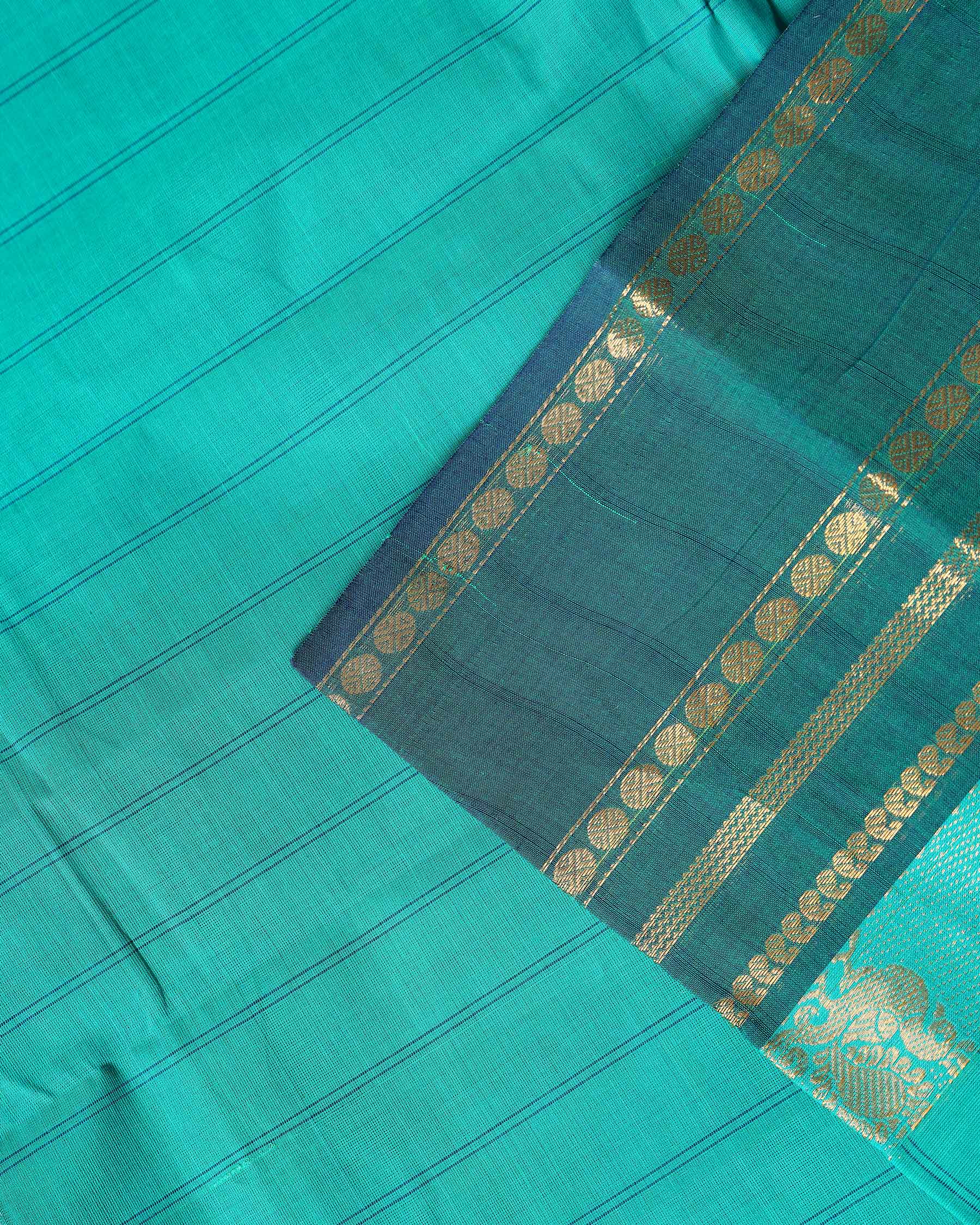 Traditional Chettinad Cotton Saree with Stripe Body and Peacock Motif Border -  Green