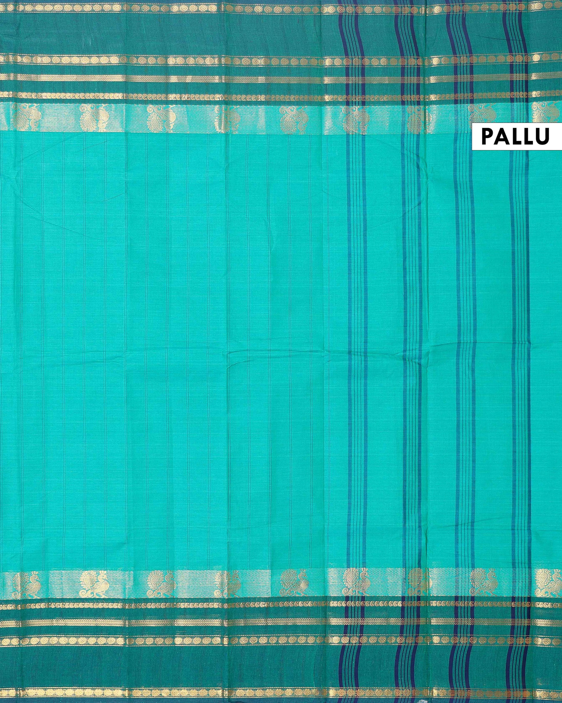 Traditional Chettinad Cotton Saree with Stripe Body and Peacock Motif Border -  Green