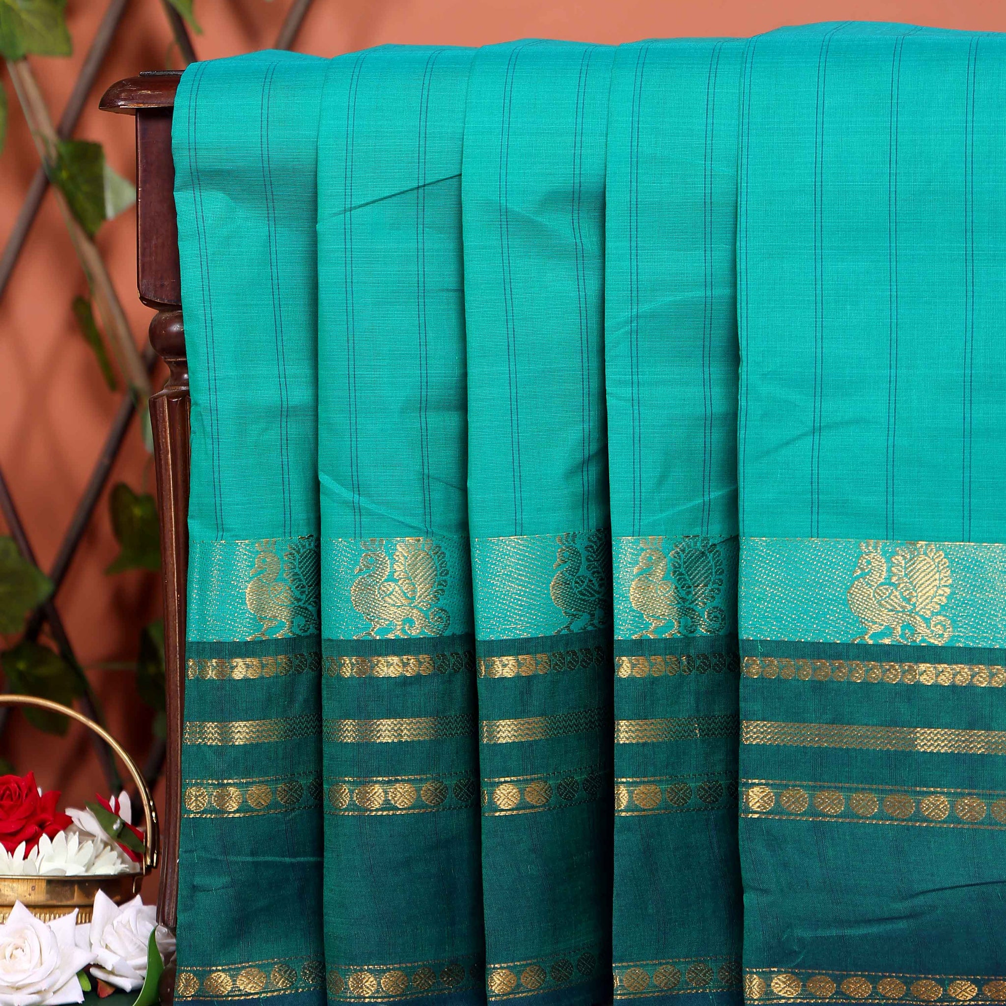 Traditional Chettinad Cotton Saree with Stripe Body and Peacock Motif Border -  Green