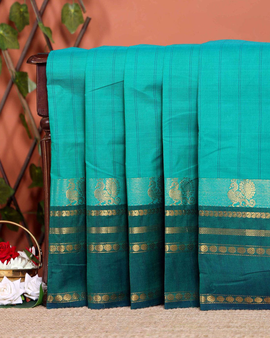 Traditional Chettinad Cotton Saree with Stripe Body and Peacock Motif Border -  Green