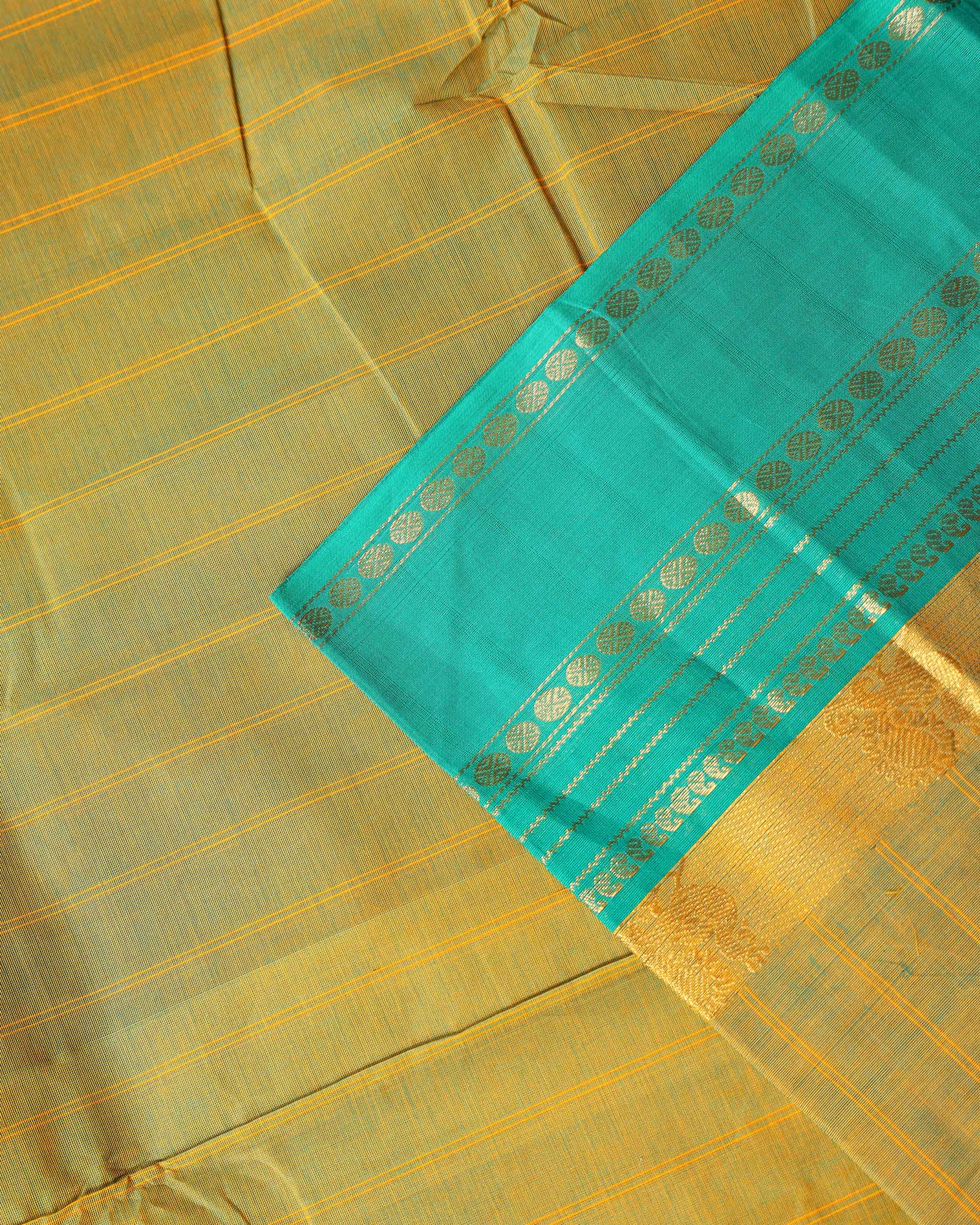 Traditional Chettinad Cotton Saree with Stripe Body and Peacock Motif Border - Olive Green