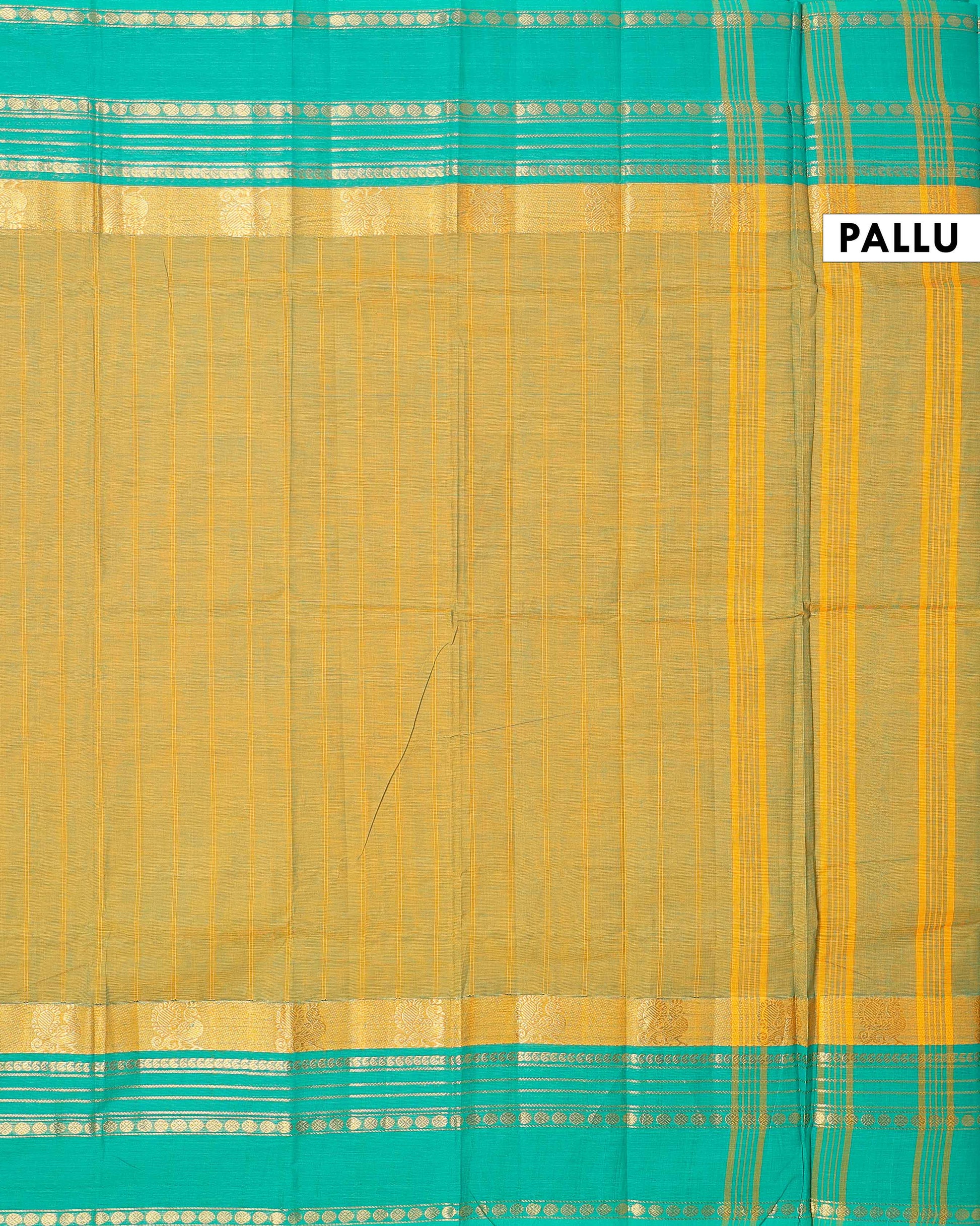 Traditional Chettinad Cotton Saree with Stripe Body and Peacock Motif Border - Olive Green