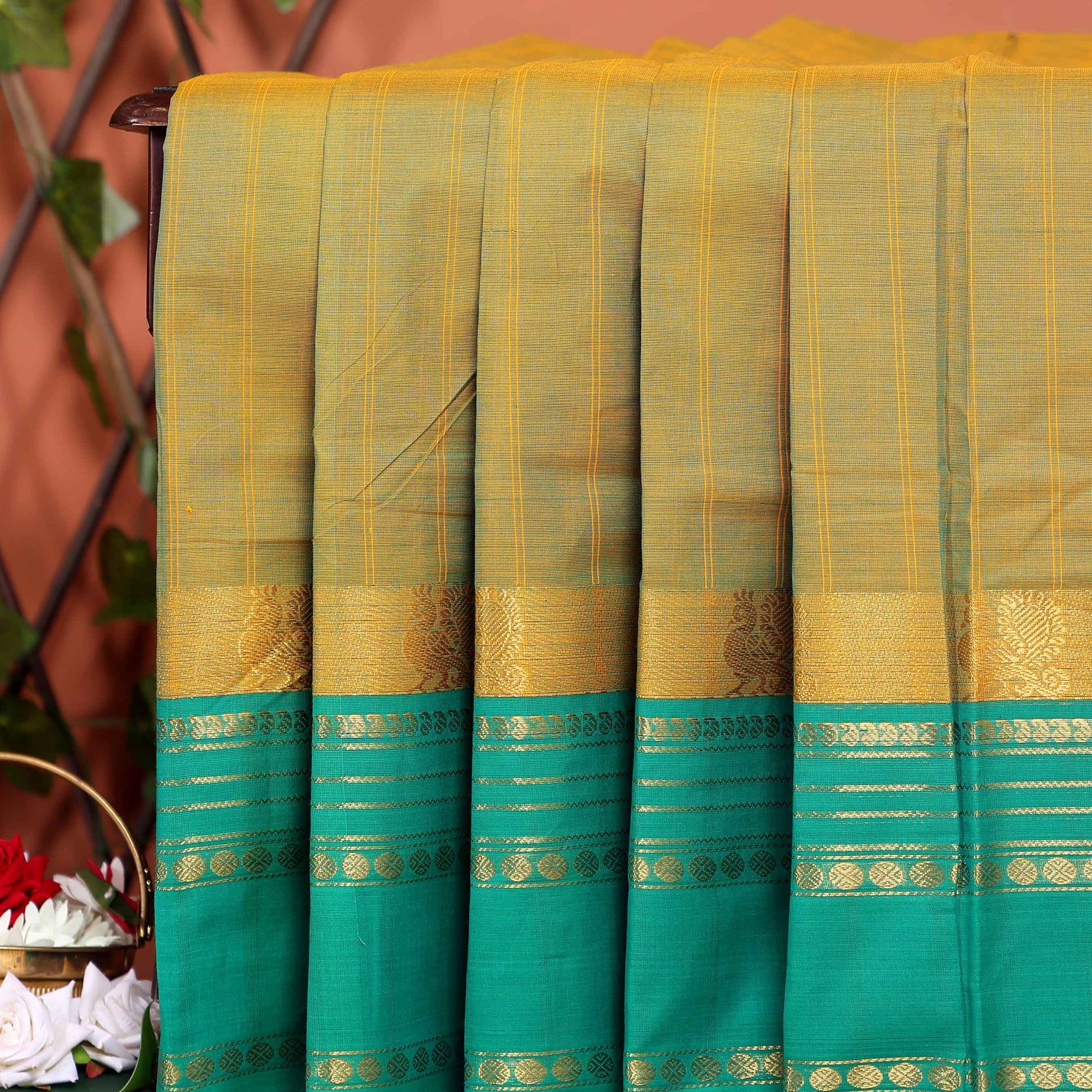 Traditional Chettinad Cotton Saree with Stripe Body and Peacock Motif Border - Olive Green