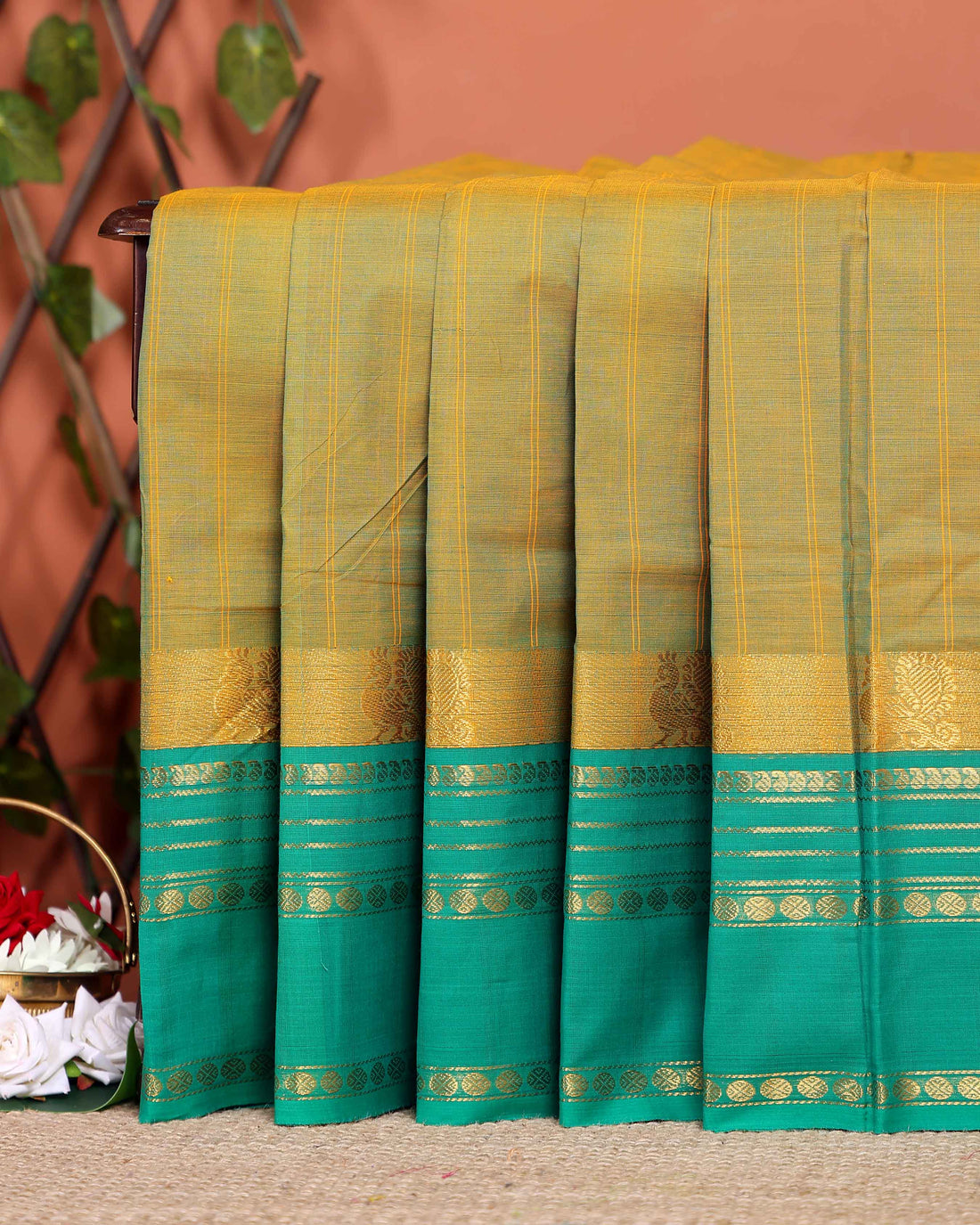 Traditional Chettinad Cotton Saree with Stripe Body and Peacock Motif Border - Olive Green