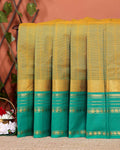 Traditional Chettinad Cotton Saree with Stripe Body and Peacock Motif Border - Olive Green