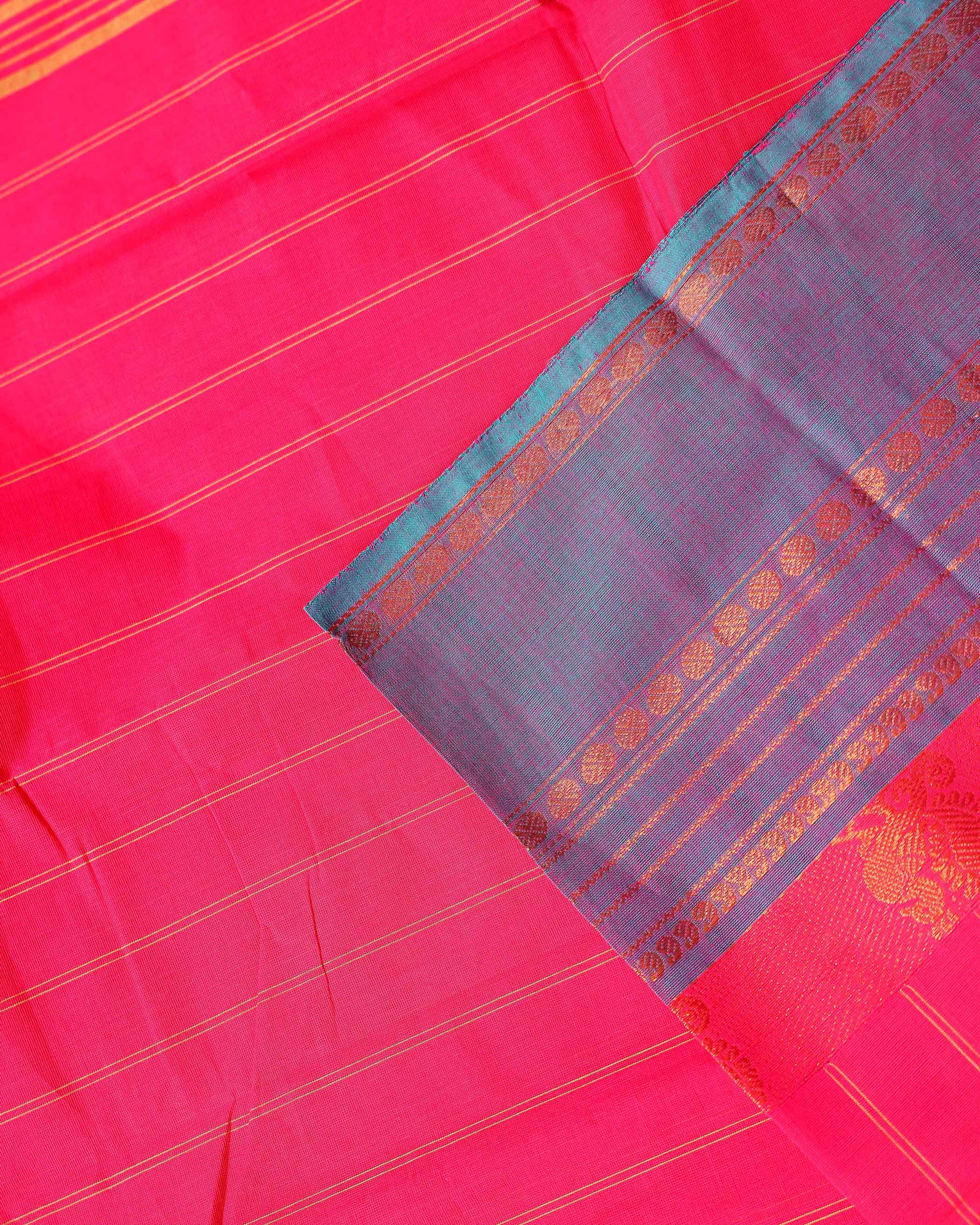 Traditional Chettinad Cotton Saree with Stripe Body and Peacock Motif Border - Pink